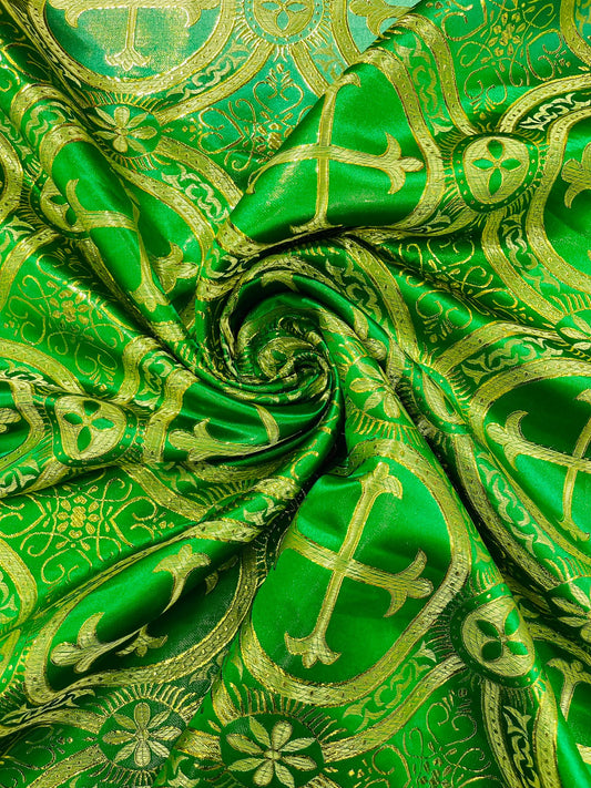 Green/Gold - SQUARE METALLIC CROSS JACQUARD SATIN - New Creations Fabric & Foam Inc
