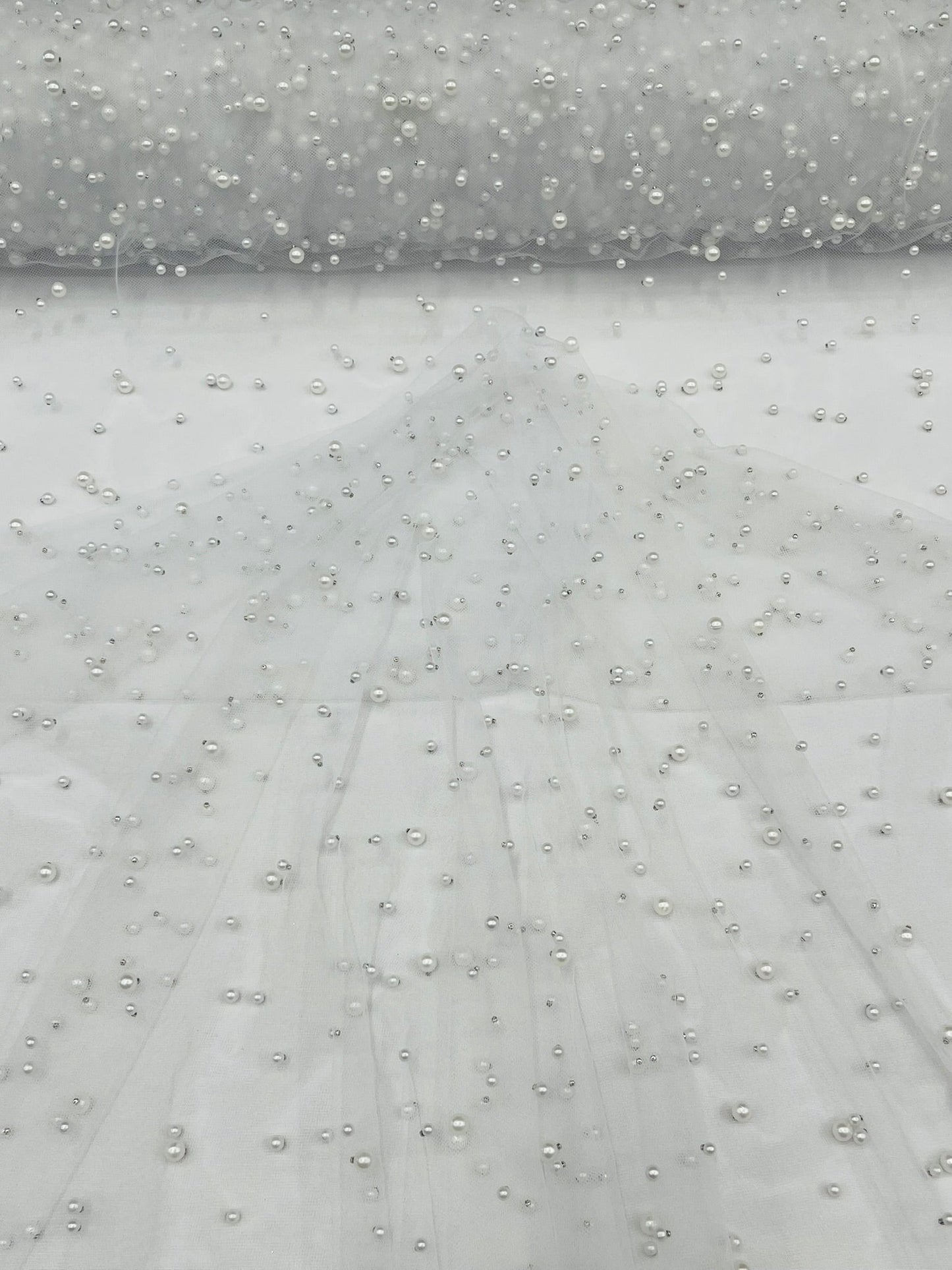 Heavy Scattered Pearls Studded Mesh Fabric| New Creations Fabric & Foam Inc. - New Creations Fabric & Foam Inc