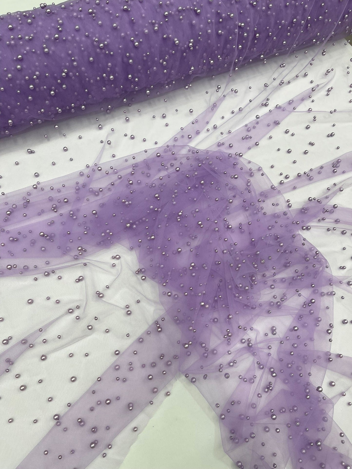 Heavy Scattered Pearls Studded Mesh Fabric| New Creations Fabric & Foam Inc. - New Creations Fabric & Foam Inc