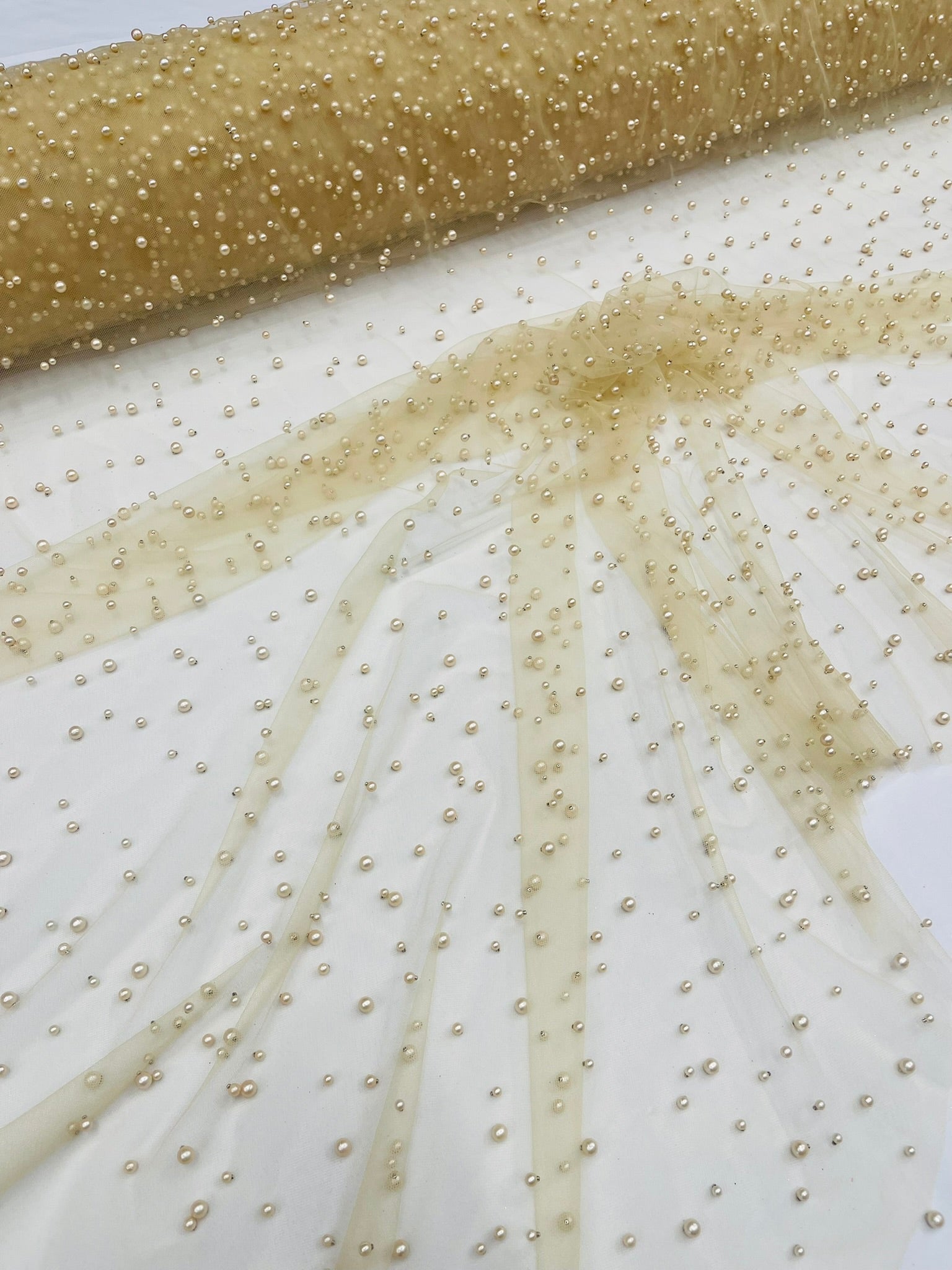 Heavy Scattered Pearls Studded Mesh Fabric| New Creations Fabric & Foam Inc. - New Creations Fabric & Foam Inc