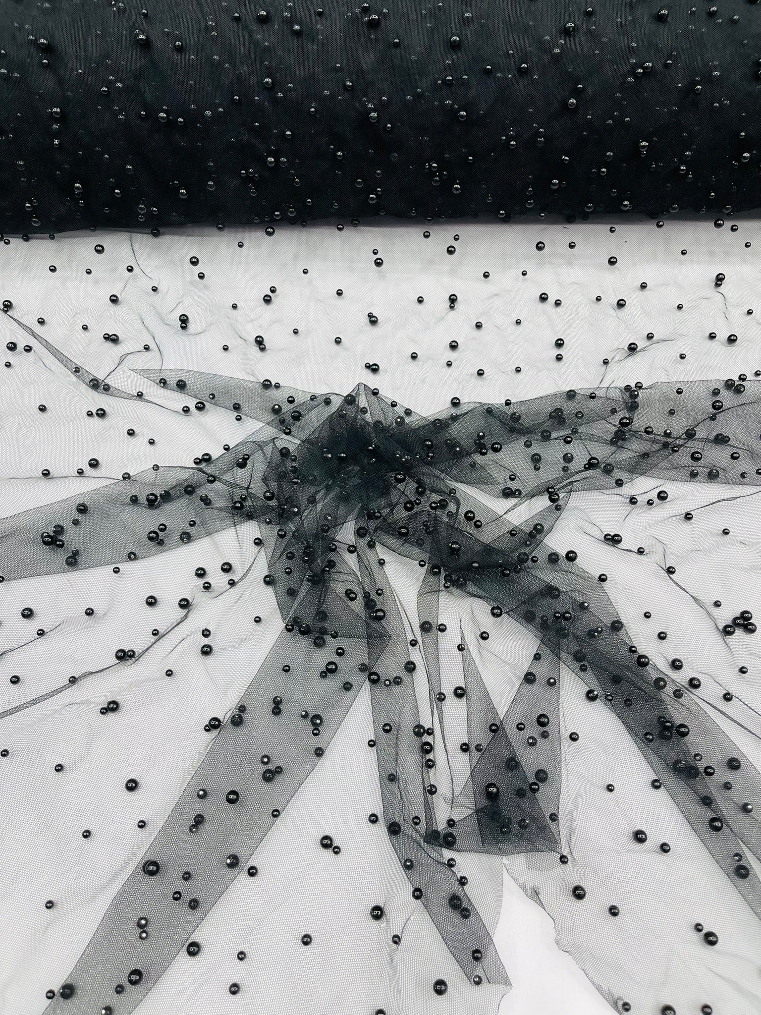 Heavy Scattered Pearls Studded Mesh Fabric| New Creations Fabric & Foam Inc. - New Creations Fabric & Foam Inc