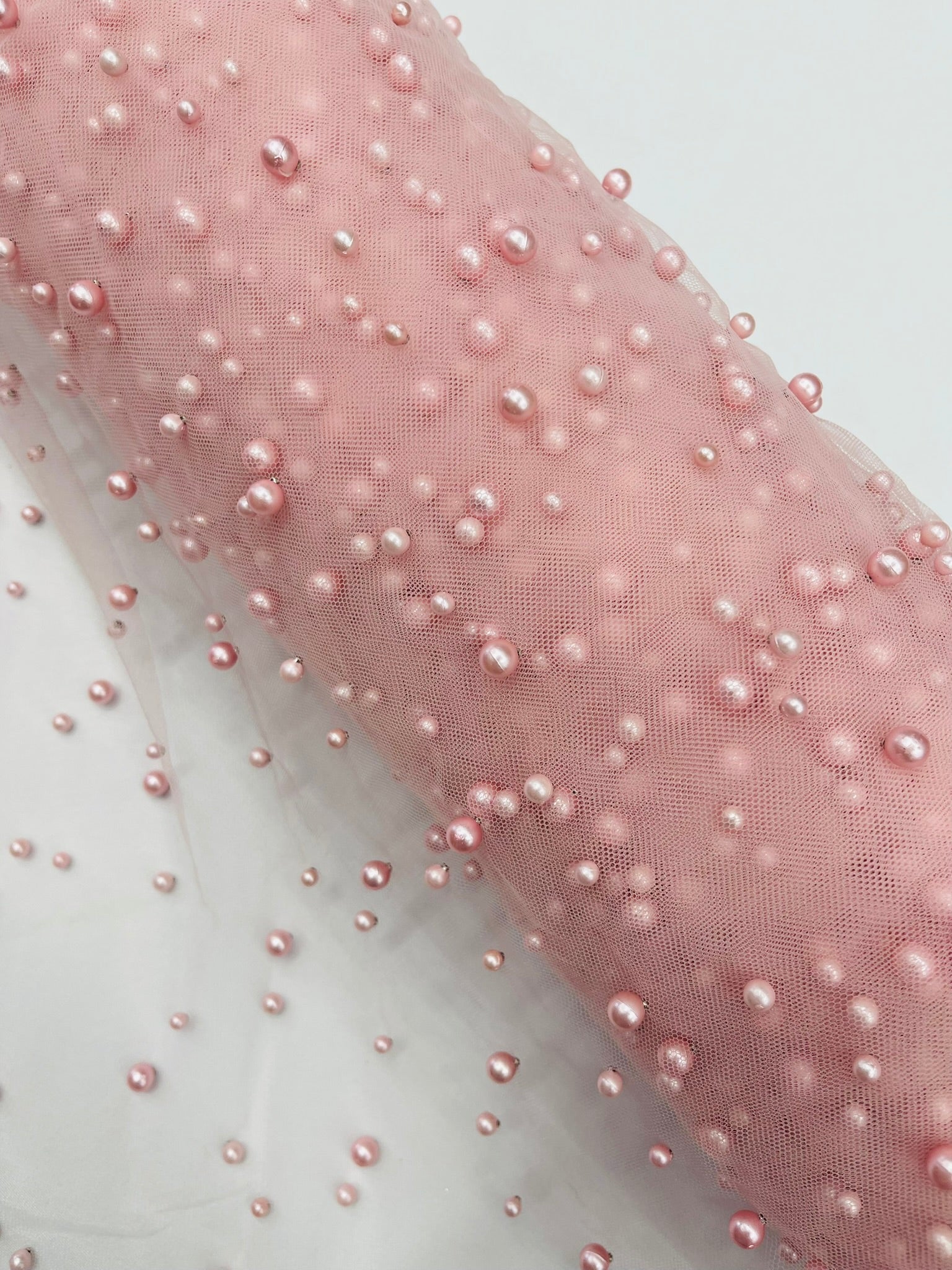 Heavy Scattered Pearls Studded Mesh Fabric| New Creations Fabric & Foam Inc. - New Creations Fabric & Foam Inc