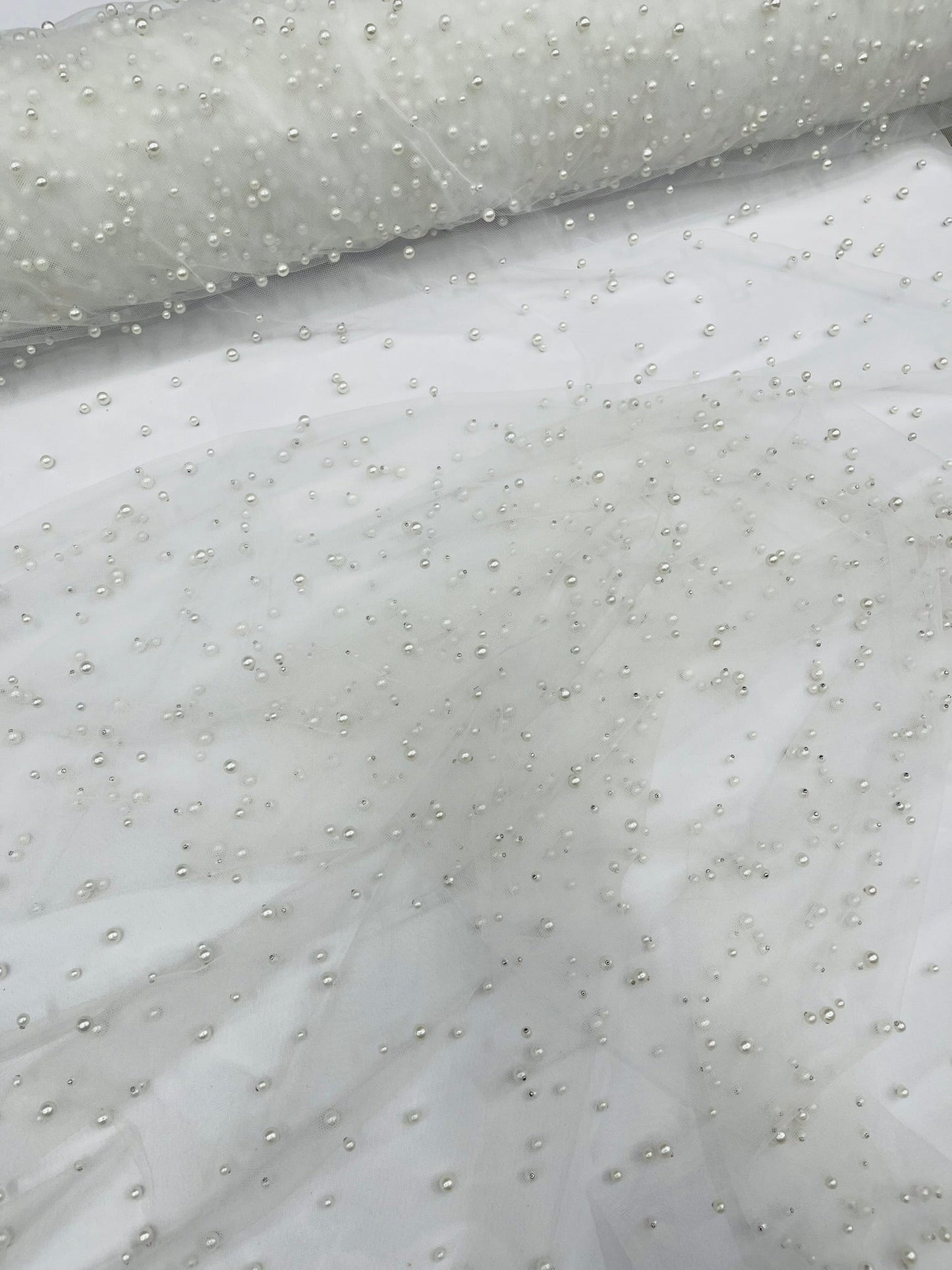 Heavy Scattered Pearls Studded Mesh Fabric| New Creations Fabric & Foam Inc. - New Creations Fabric & Foam Inc
