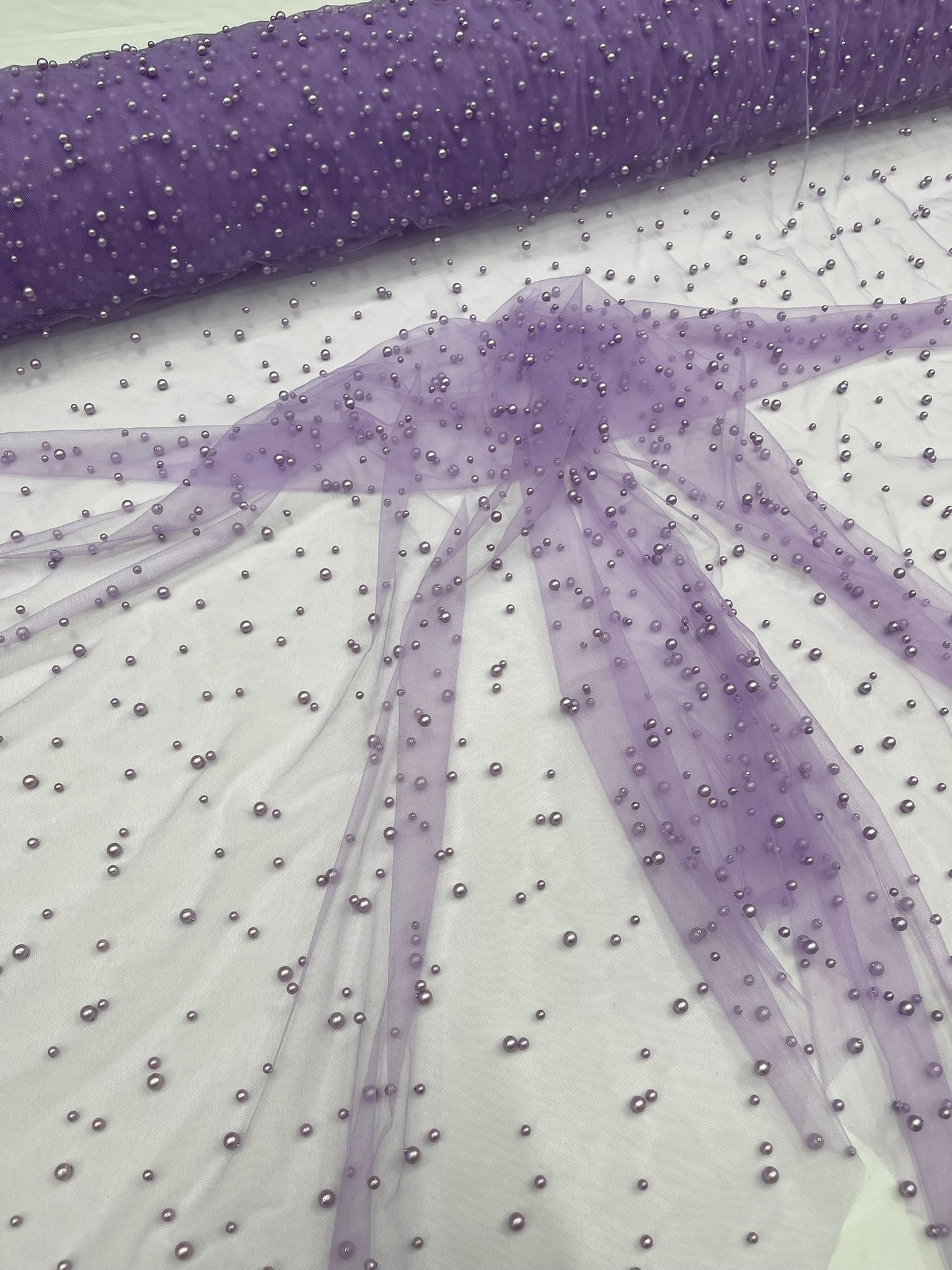 Heavy Scattered Pearls Studded Mesh Fabric| New Creations Fabric & Foam Inc. - New Creations Fabric & Foam Inc