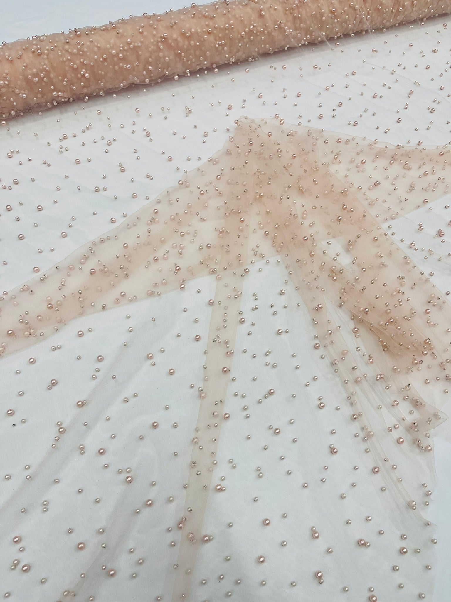 Heavy Scattered Pearls Studded Mesh Fabric| New Creations Fabric & Foam Inc. - New Creations Fabric & Foam Inc