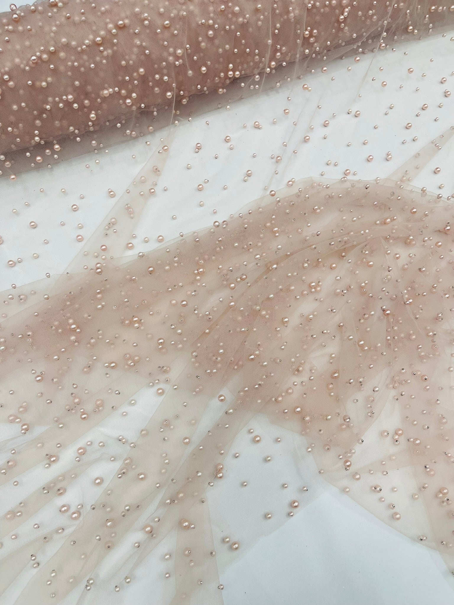 Heavy Scattered Pearls Studded Mesh Fabric| New Creations Fabric & Foam Inc. - New Creations Fabric & Foam Inc