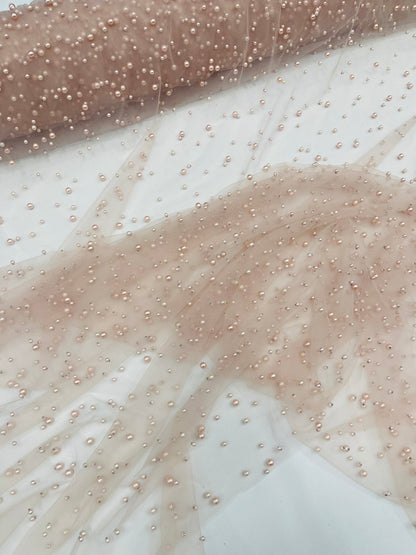 Heavy Scattered Pearls Studded Mesh Fabric| New Creations Fabric & Foam Inc. - New Creations Fabric & Foam Inc