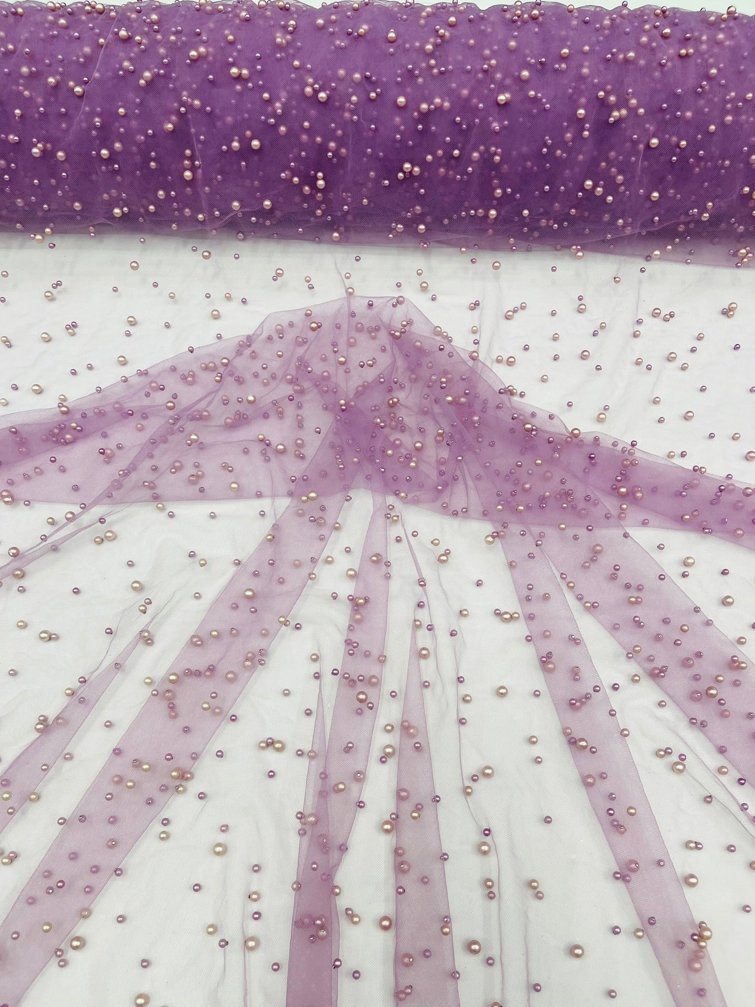 Heavy Scattered Pearls Studded Mesh Fabric| New Creations Fabric & Foam Inc. - New Creations Fabric & Foam Inc