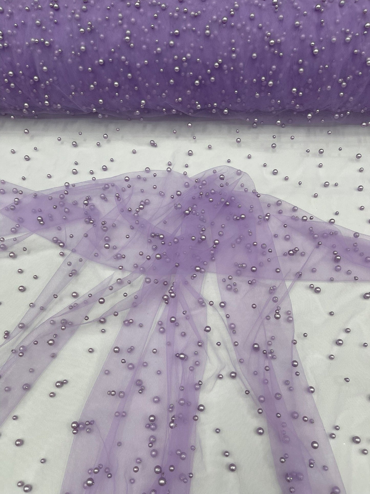 Heavy Scattered Pearls Studded Mesh Fabric| New Creations Fabric & Foam Inc. - New Creations Fabric & Foam Inc