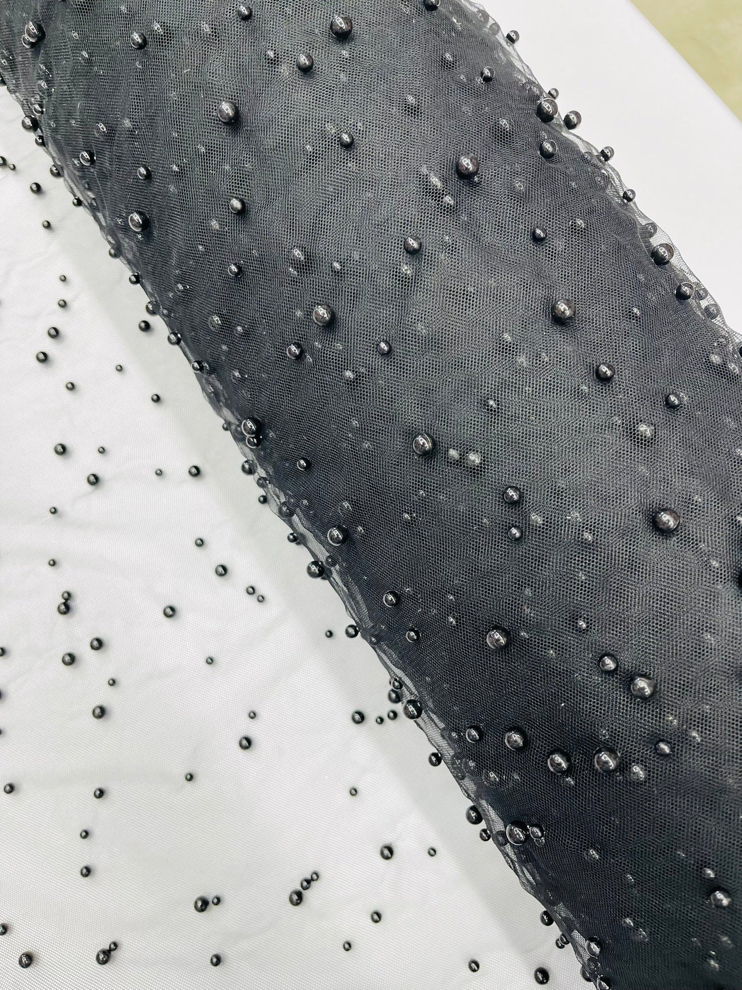 Heavy Scattered Pearls Studded Mesh Fabric| New Creations Fabric & Foam Inc. - New Creations Fabric & Foam Inc