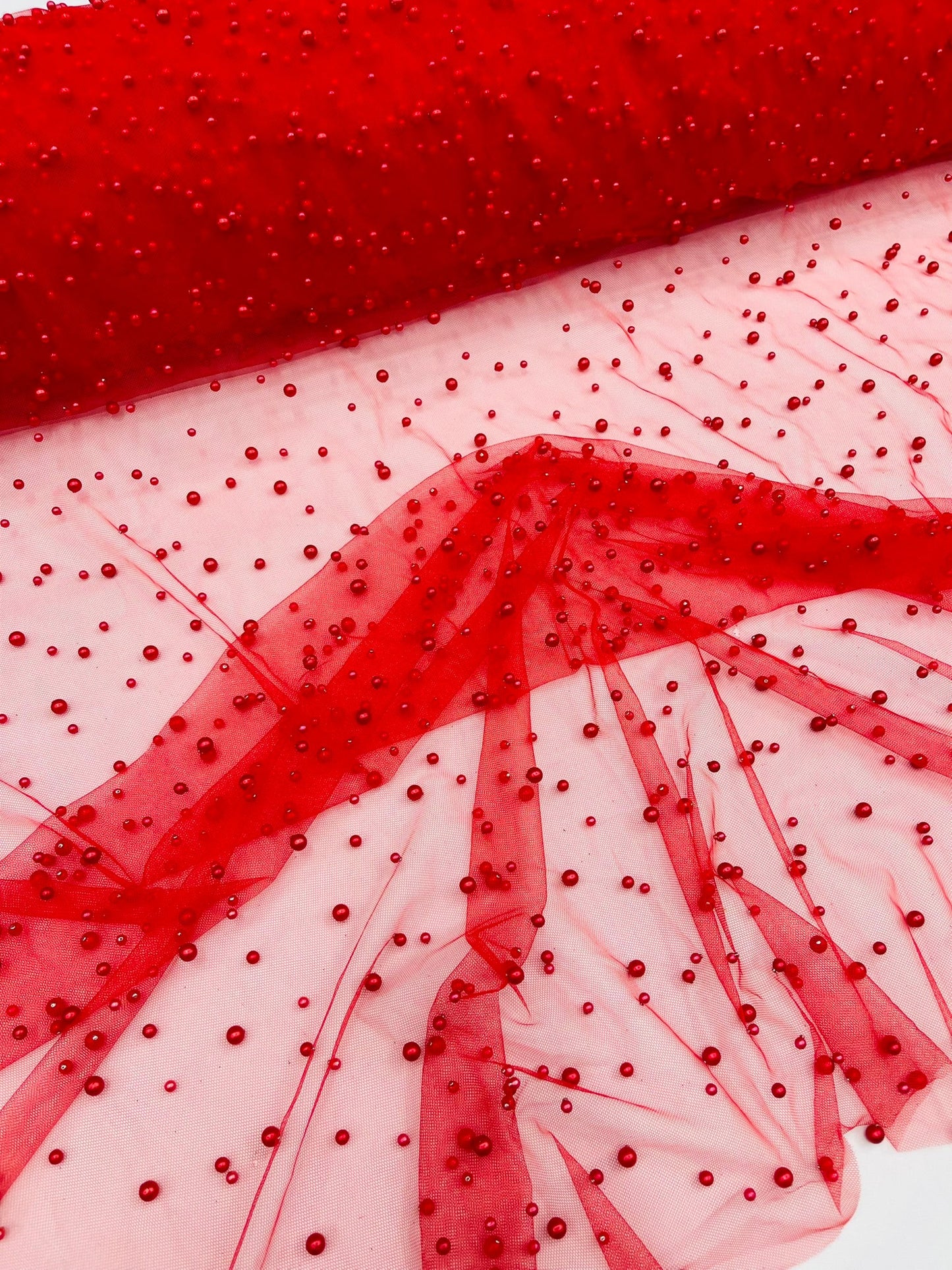 Heavy Scattered Pearls Studded Mesh Fabric| New Creations Fabric & Foam Inc. - New Creations Fabric & Foam Inc