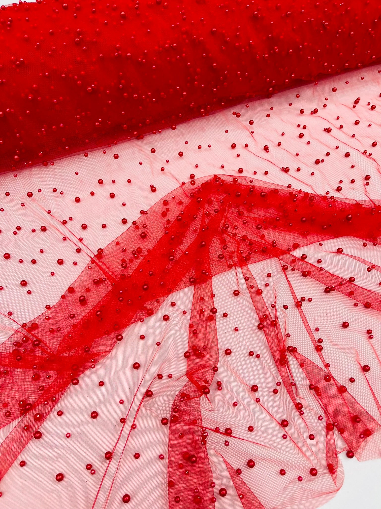 Heavy Scattered Pearls Studded Mesh Fabric| New Creations Fabric & Foam Inc. - New Creations Fabric & Foam Inc
