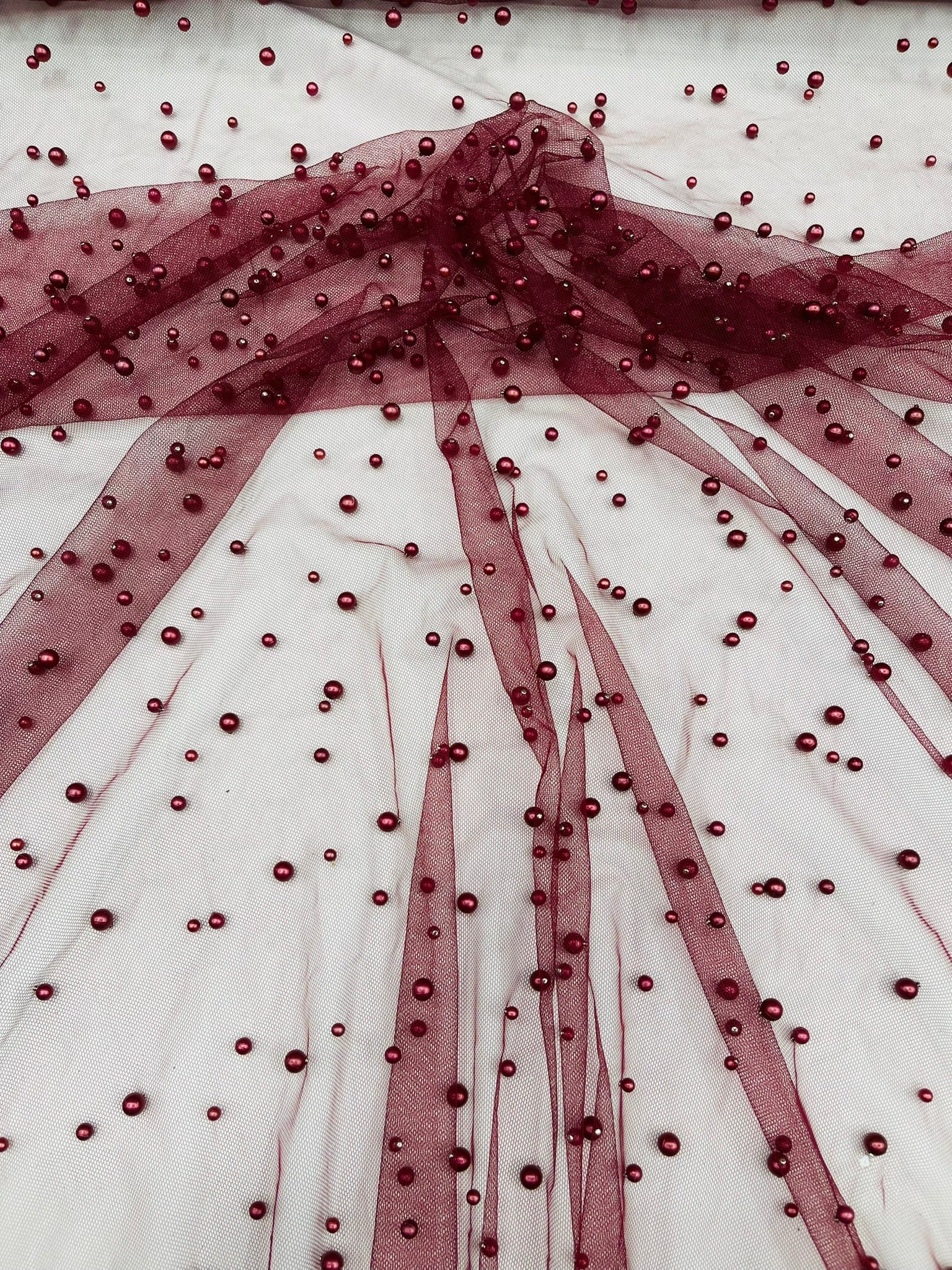 Heavy Scattered Pearls Studded Mesh Fabric| New Creations Fabric & Foam Inc. - New Creations Fabric & Foam Inc