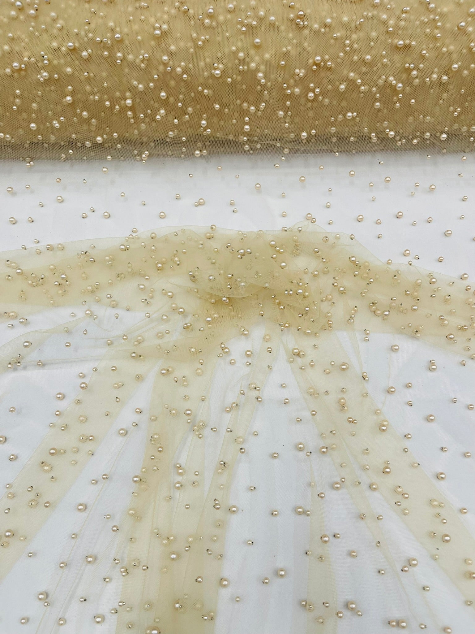 Heavy Scattered Pearls Studded Mesh Fabric| New Creations Fabric & Foam Inc. - New Creations Fabric & Foam Inc
