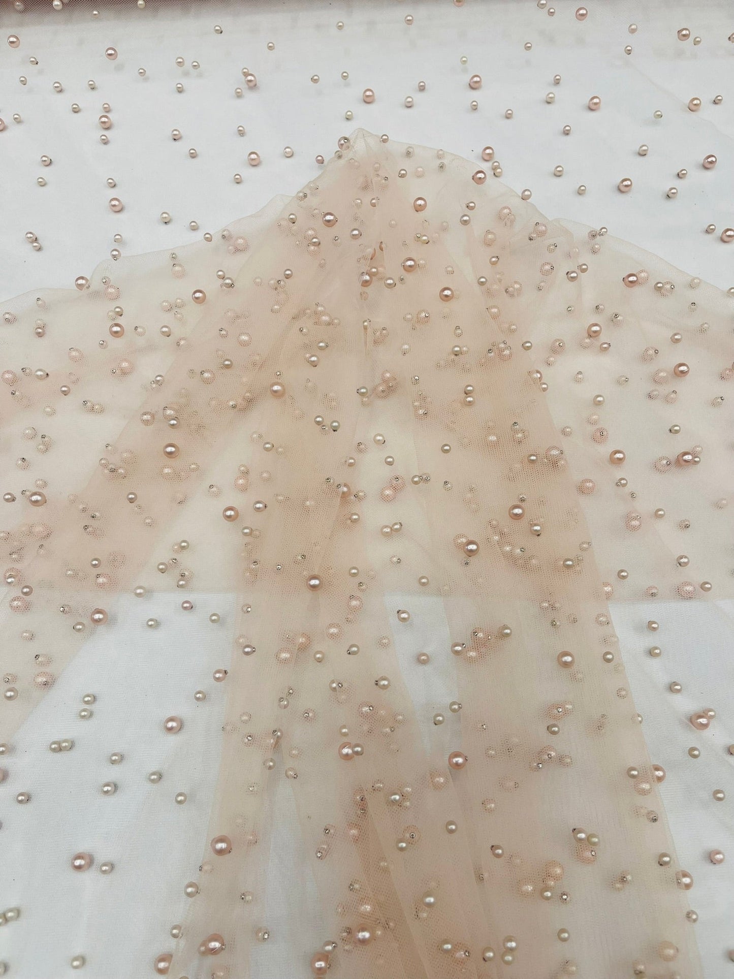 Heavy Scattered Pearls Studded Mesh Fabric| New Creations Fabric & Foam Inc. - New Creations Fabric & Foam Inc