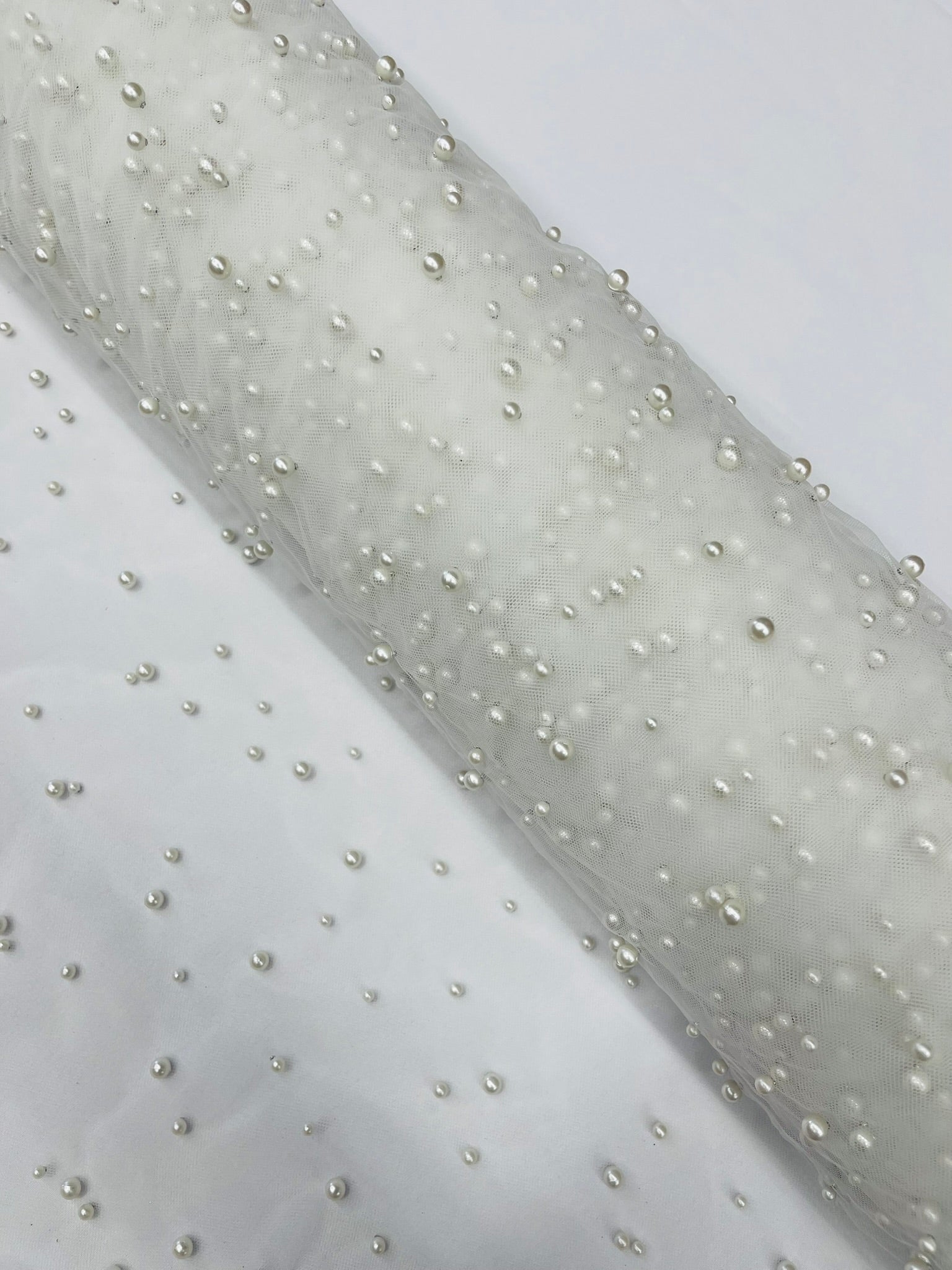 Heavy Scattered Pearls Studded Mesh Fabric| New Creations Fabric & Foam Inc. - New Creations Fabric & Foam Inc