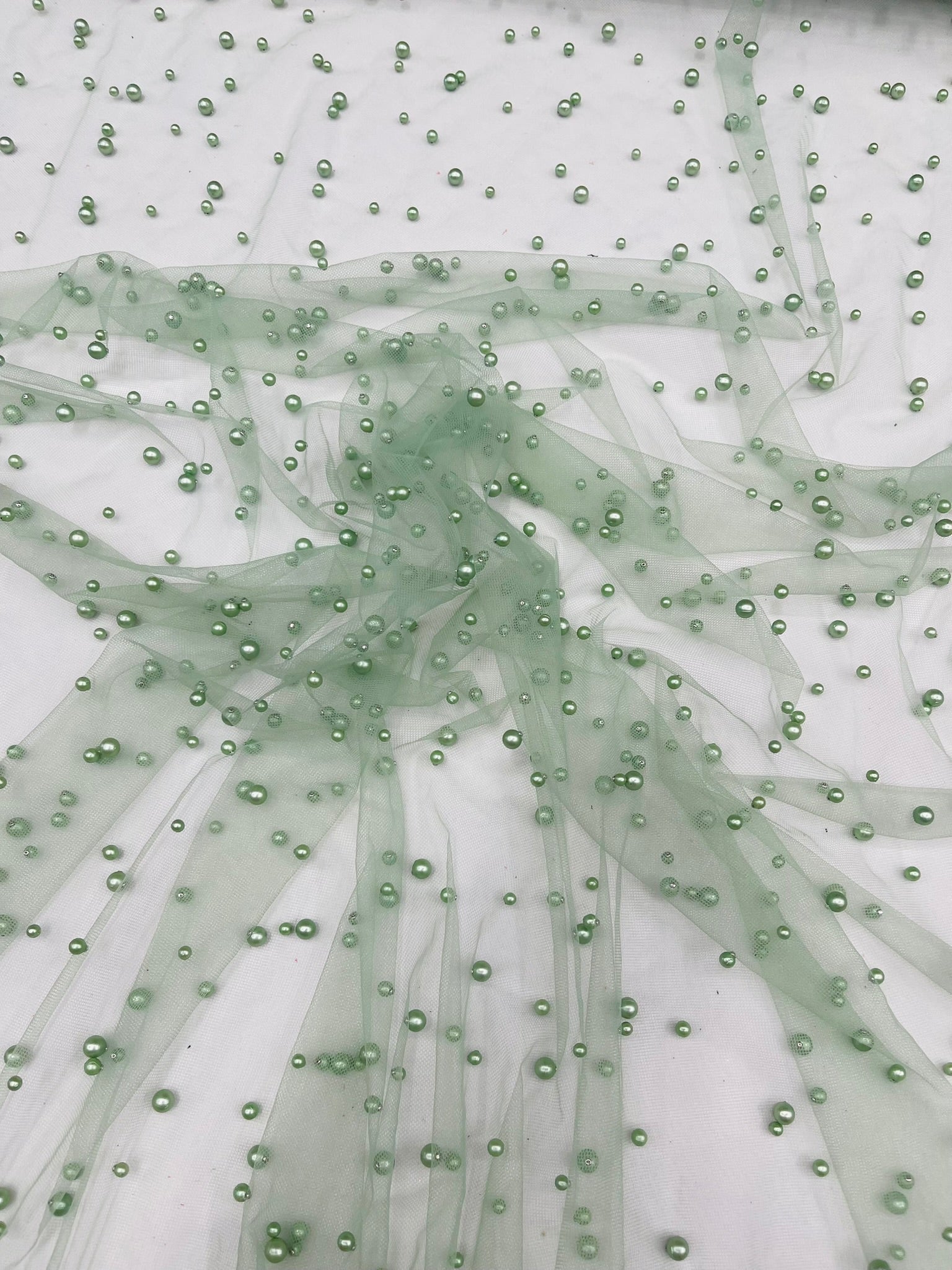 Heavy Scattered Pearls Studded Mesh Fabric| New Creations Fabric & Foam Inc. - New Creations Fabric & Foam Inc