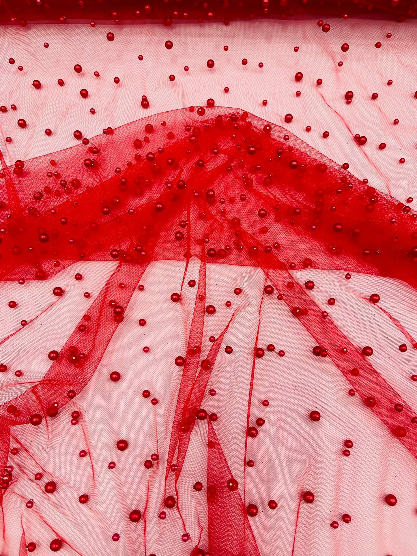 Heavy Scattered Pearls Studded Mesh Fabric| New Creations Fabric & Foam Inc. - New Creations Fabric & Foam Inc