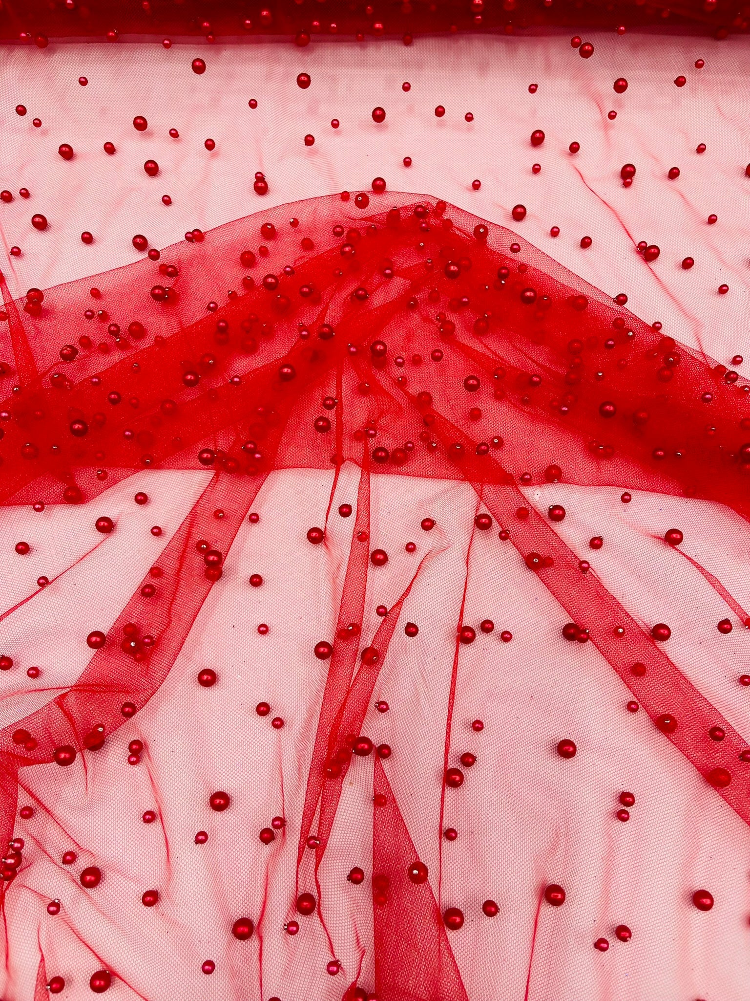 Heavy Scattered Pearls Studded Mesh Fabric| New Creations Fabric & Foam Inc. - New Creations Fabric & Foam Inc
