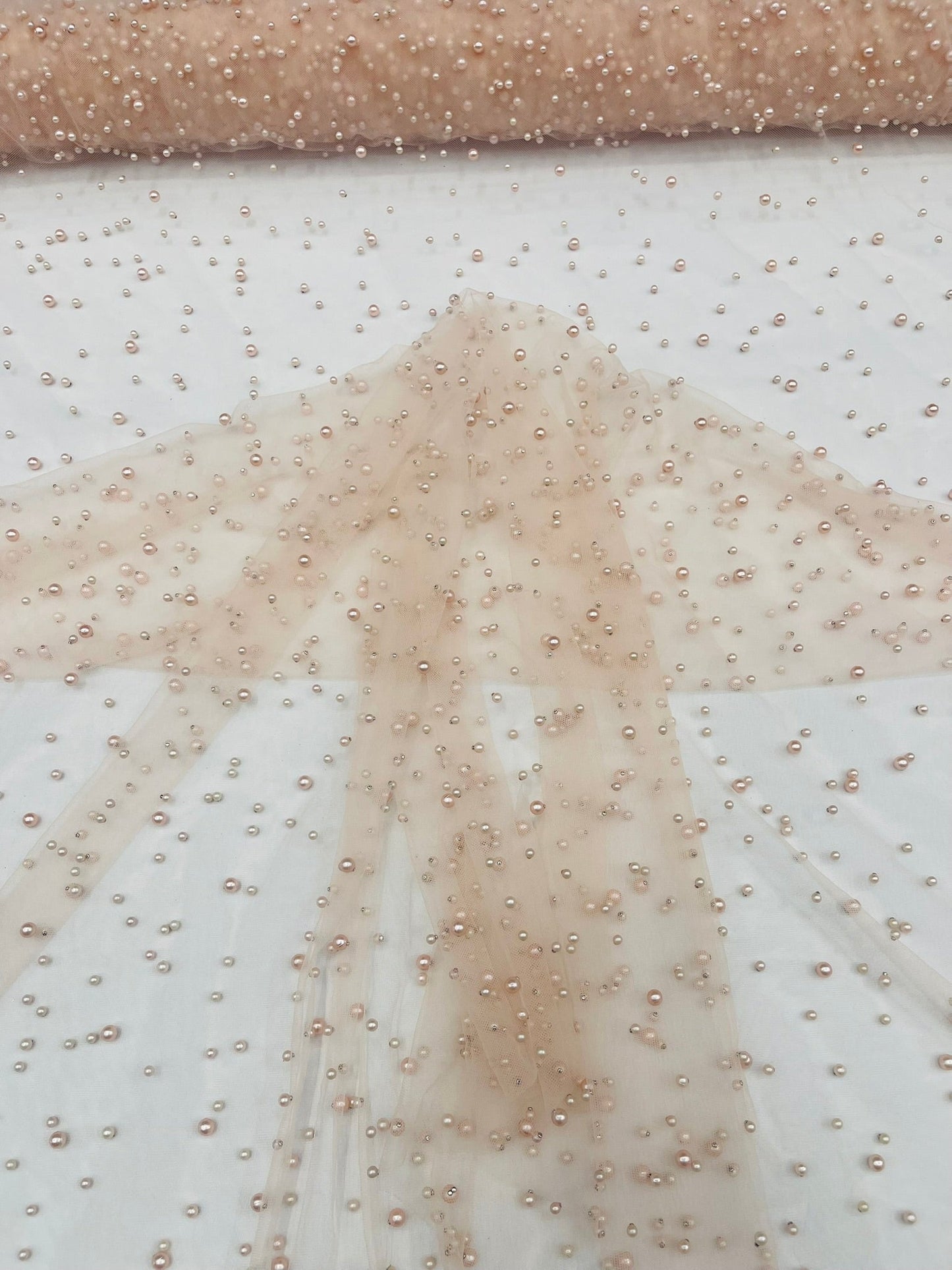 Heavy Scattered Pearls Studded Mesh Fabric| New Creations Fabric & Foam Inc. - New Creations Fabric & Foam Inc