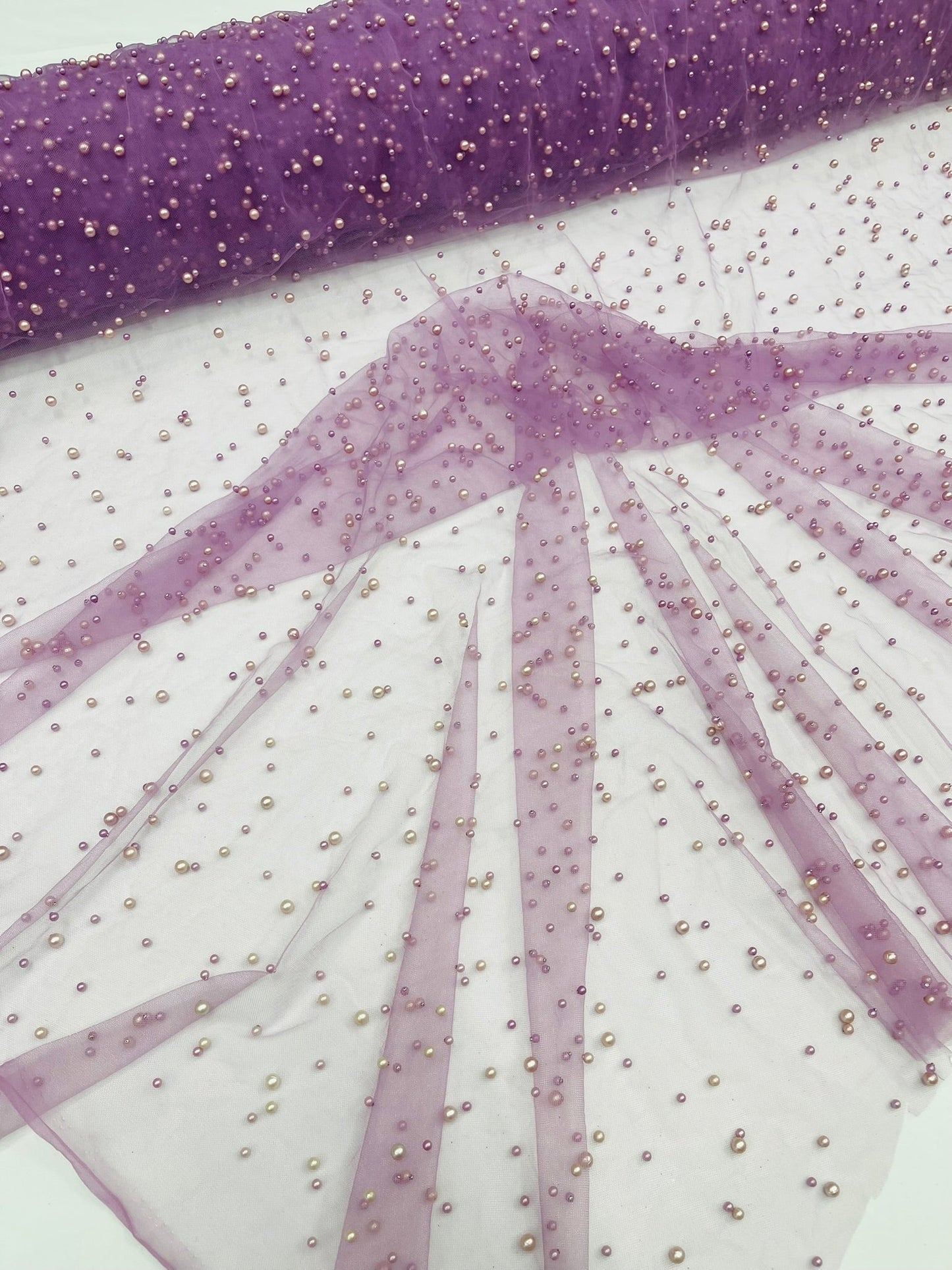 Heavy Scattered Pearls Studded Mesh Fabric| New Creations Fabric & Foam Inc. - New Creations Fabric & Foam Inc