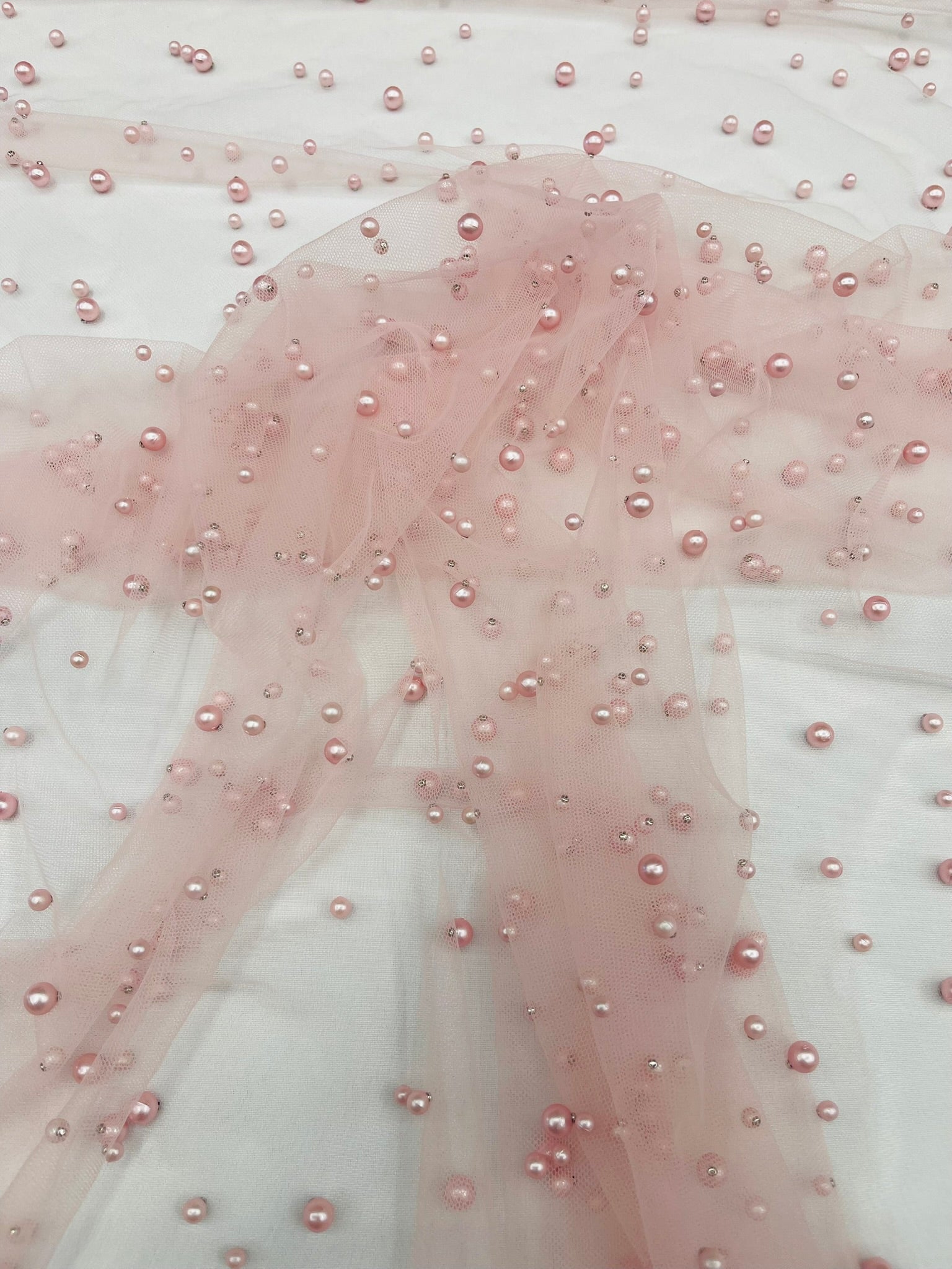 Heavy Scattered Pearls Studded Mesh Fabric| New Creations Fabric & Foam Inc. - New Creations Fabric & Foam Inc