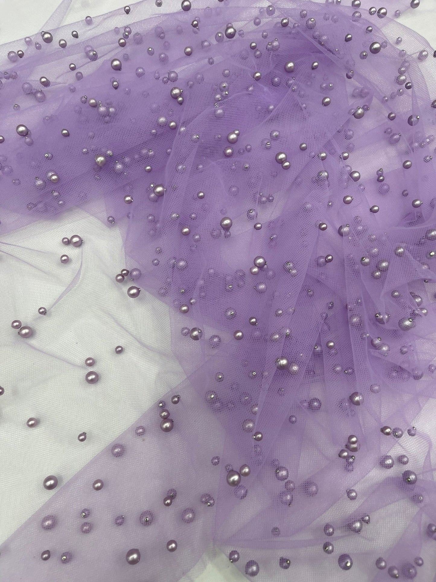 Heavy Scattered Pearls Studded Mesh Fabric| New Creations Fabric & Foam Inc. - New Creations Fabric & Foam Inc