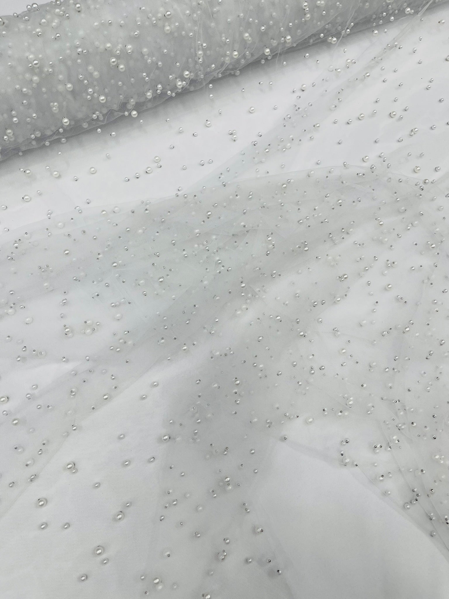Heavy Scattered Pearls Studded Mesh Fabric| New Creations Fabric & Foam Inc. - New Creations Fabric & Foam Inc