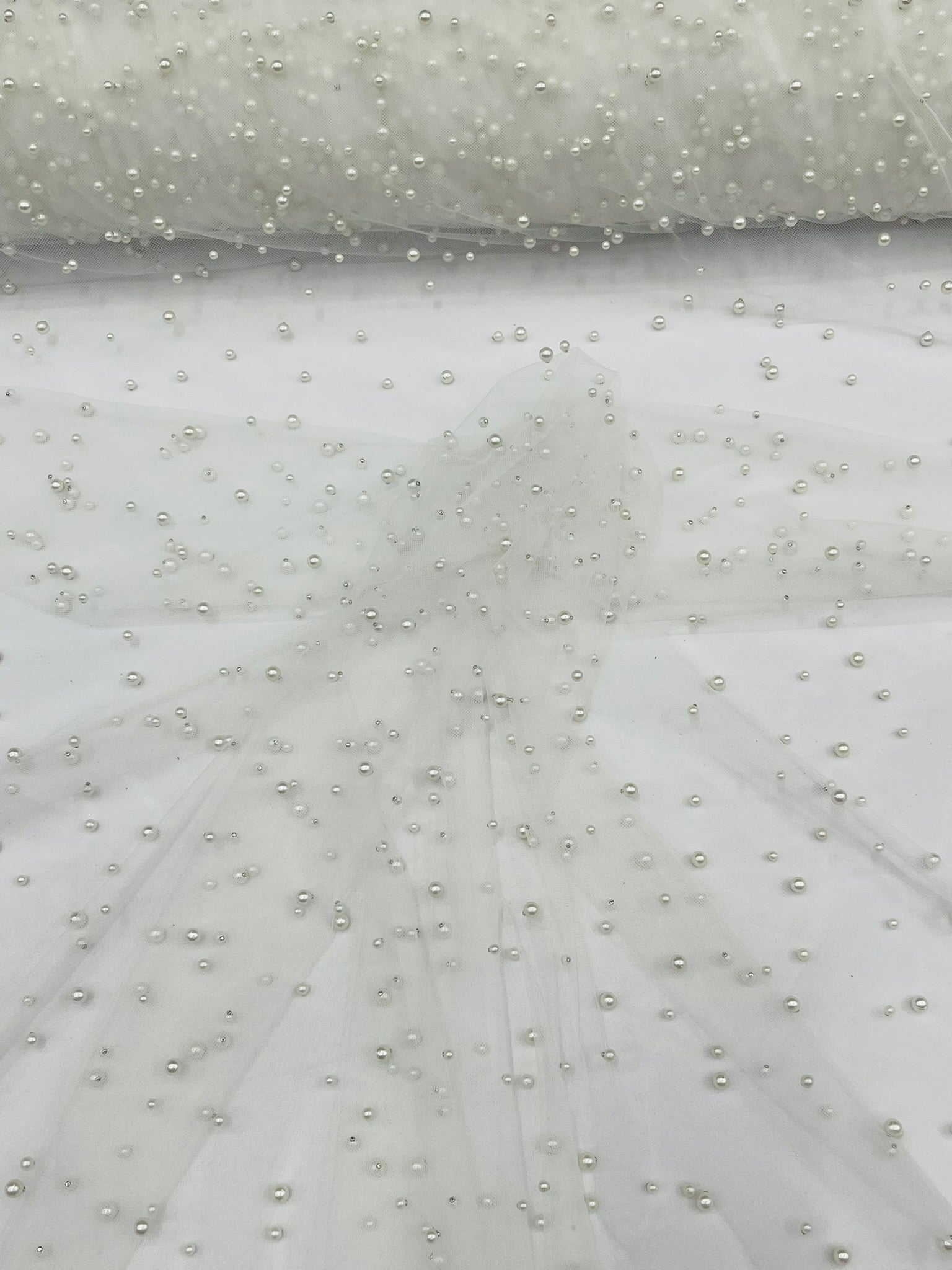 Heavy Scattered Pearls Studded Mesh Fabric| New Creations Fabric & Foam Inc. - New Creations Fabric & Foam Inc