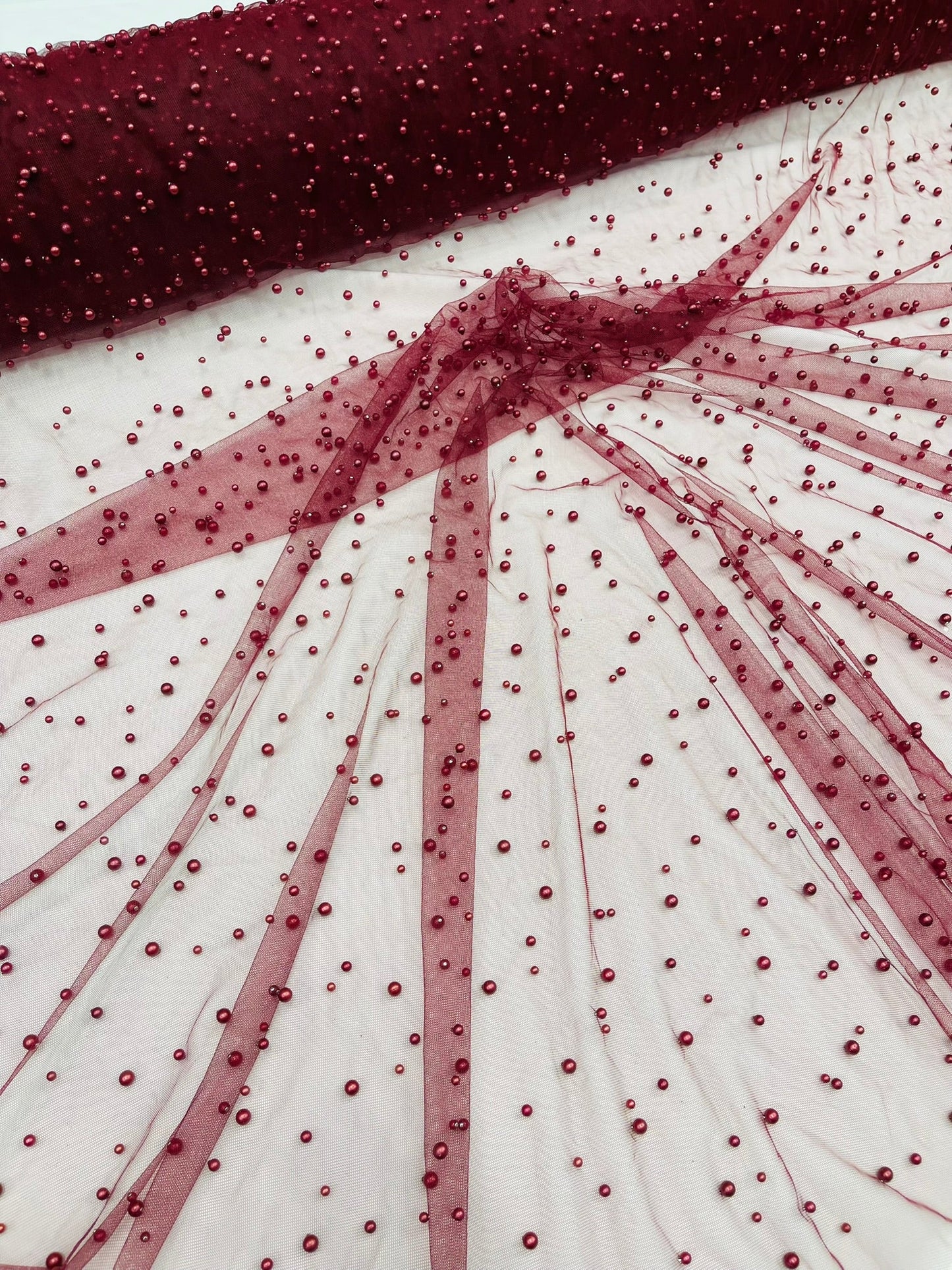 Heavy Scattered Pearls Studded Mesh Fabric| New Creations Fabric & Foam Inc. - New Creations Fabric & Foam Inc