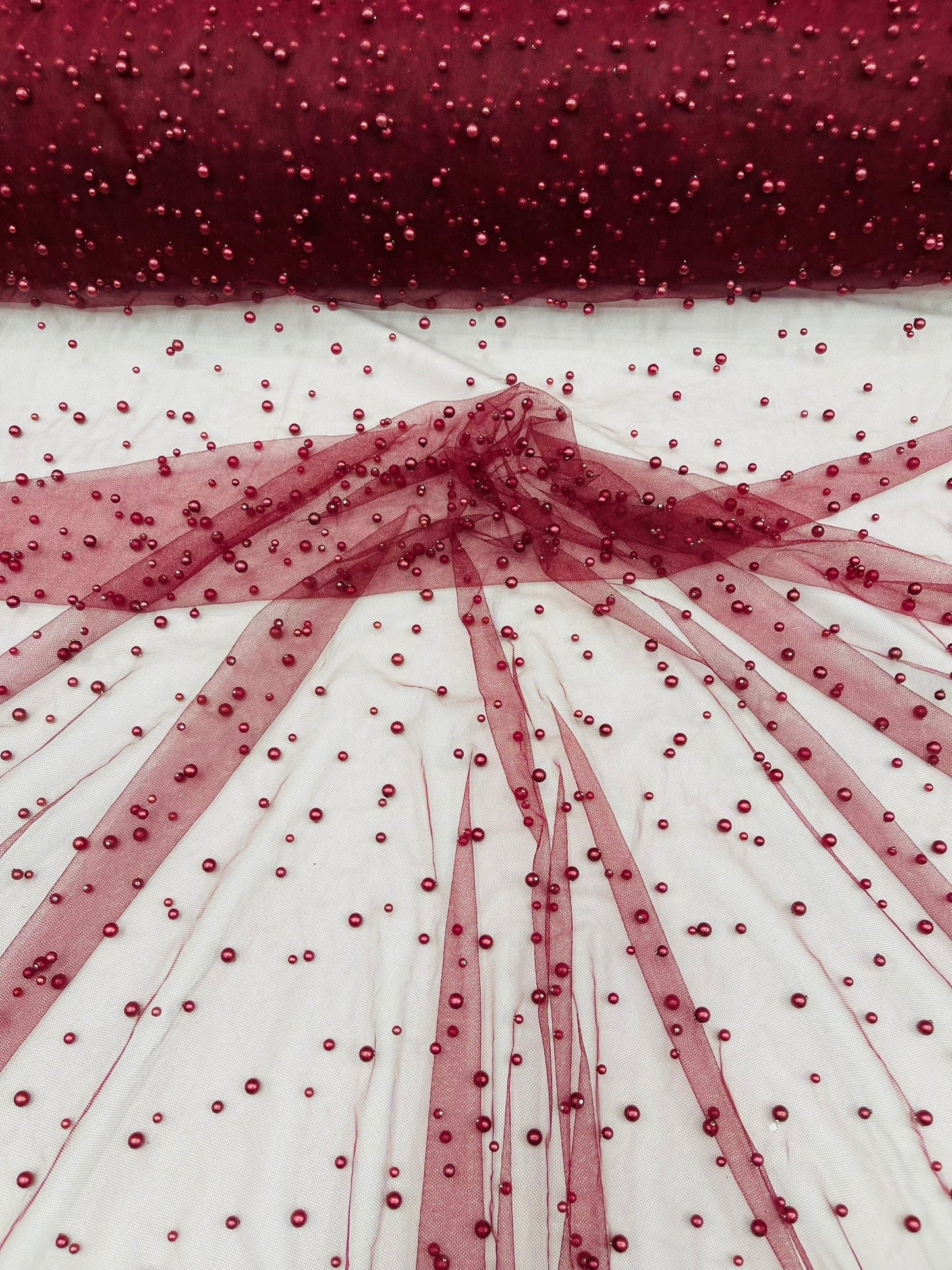 Heavy Scattered Pearls Studded Mesh Fabric| New Creations Fabric & Foam Inc. - New Creations Fabric & Foam Inc