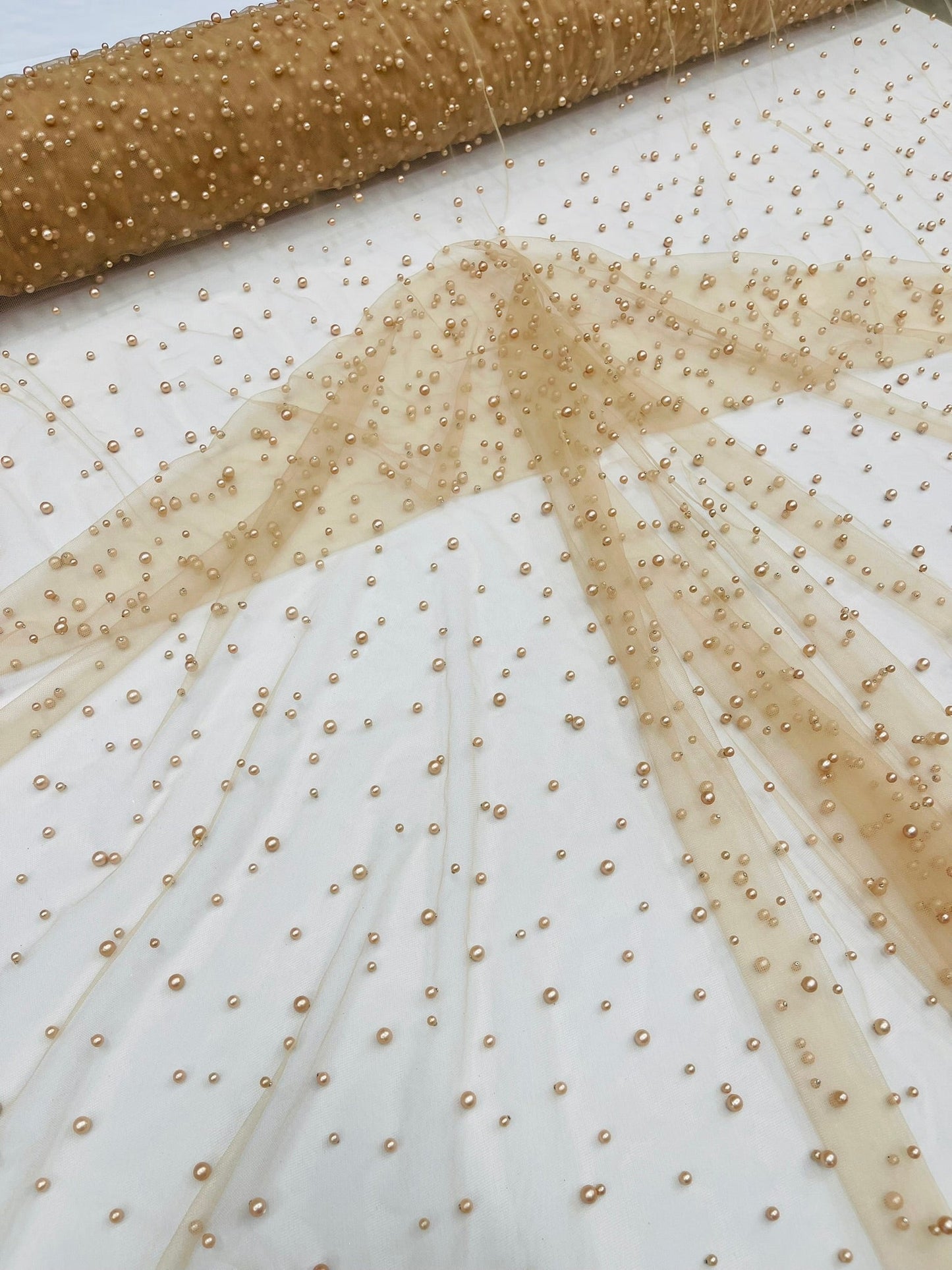 Heavy Scattered Pearls Studded Mesh Fabric| New Creations Fabric & Foam Inc. - New Creations Fabric & Foam Inc