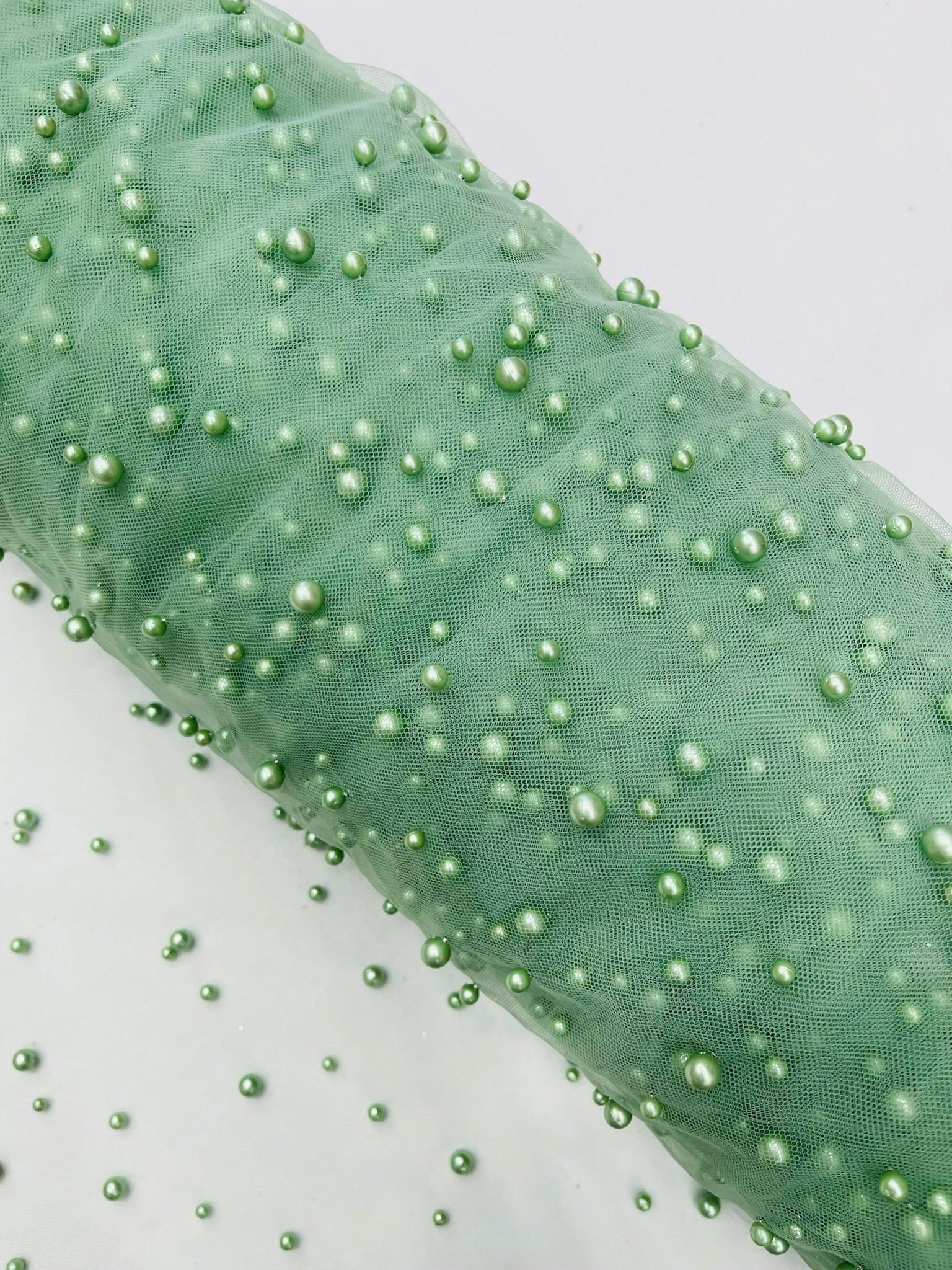 Heavy Scattered Pearls Studded Mesh Fabric| New Creations Fabric & Foam Inc. - New Creations Fabric & Foam Inc
