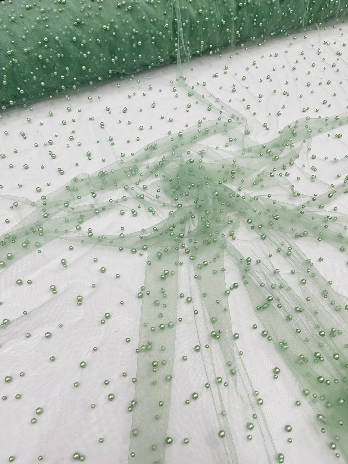 Heavy Scattered Pearls Studded Mesh Fabric| New Creations Fabric & Foam Inc. - New Creations Fabric & Foam Inc