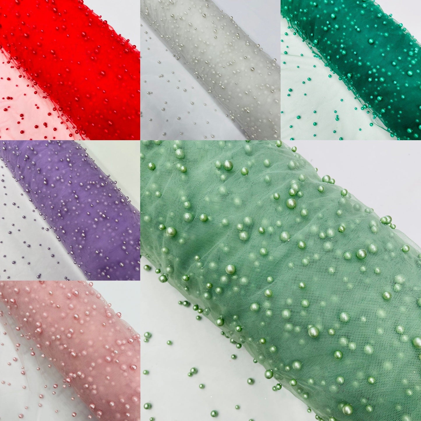 Heavy Scattered Pearls Studded Mesh Fabric| New Creations Fabric & Foam Inc. - New Creations Fabric & Foam Inc