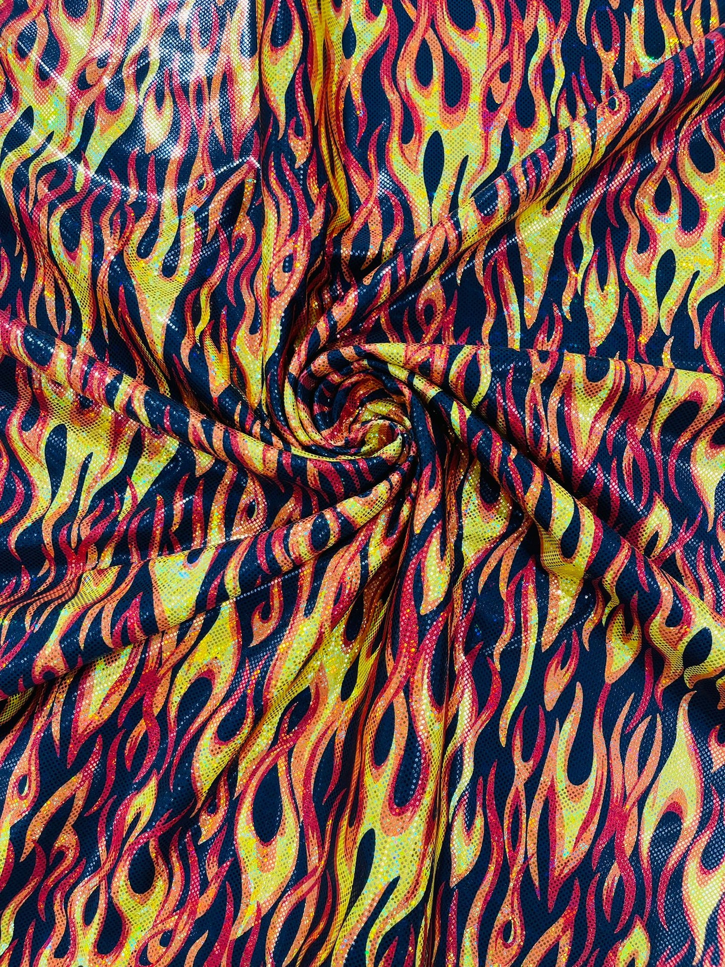 Holographic Flames Foil Printed Spandex Fabric (By The Yard) - New Creations Fabric & Foam Inc