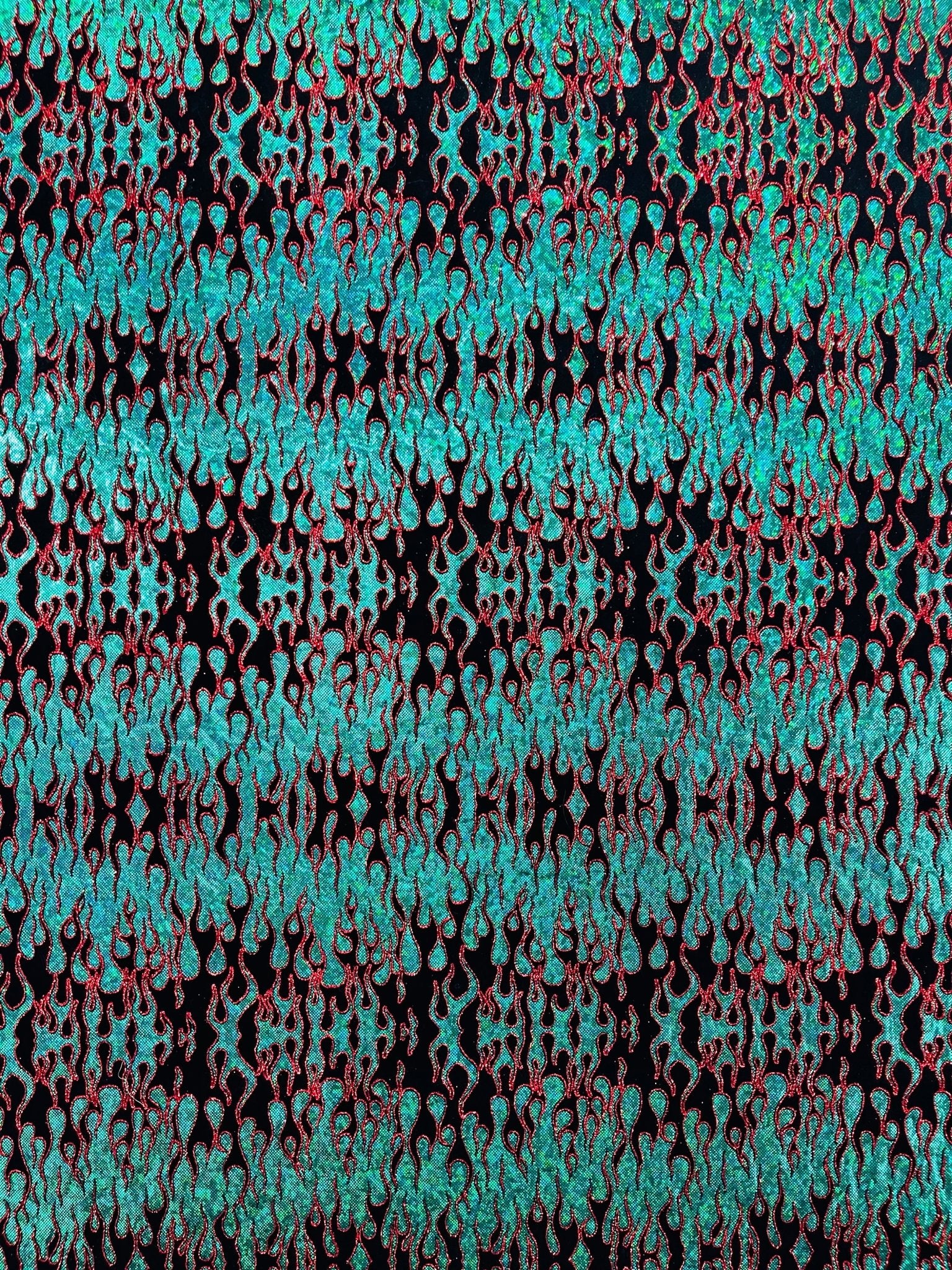 Hot Rod Tricot Holographic 4 Way Spandex with Black Red Flocking Flames Glitter Fabric - New Creations Fabric & Foam Inc