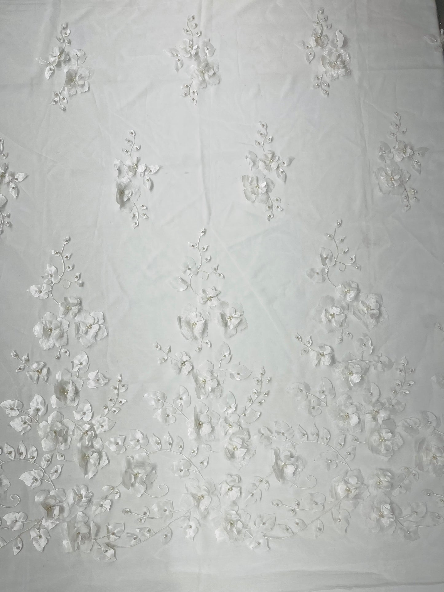 Orquidia 3d floral design embroider with pearls lace 54" Wide| New Creations Fabric & Foam Inc.
