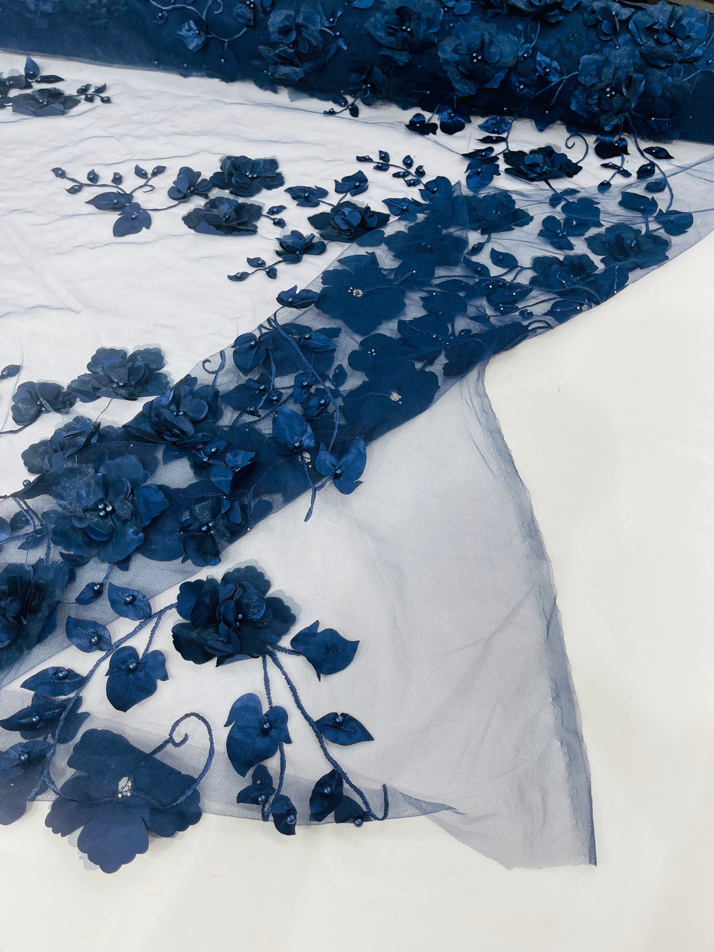 Orquidia 3d floral design embroider with pearls lace 54" Wide| New Creations Fabric & Foam Inc.