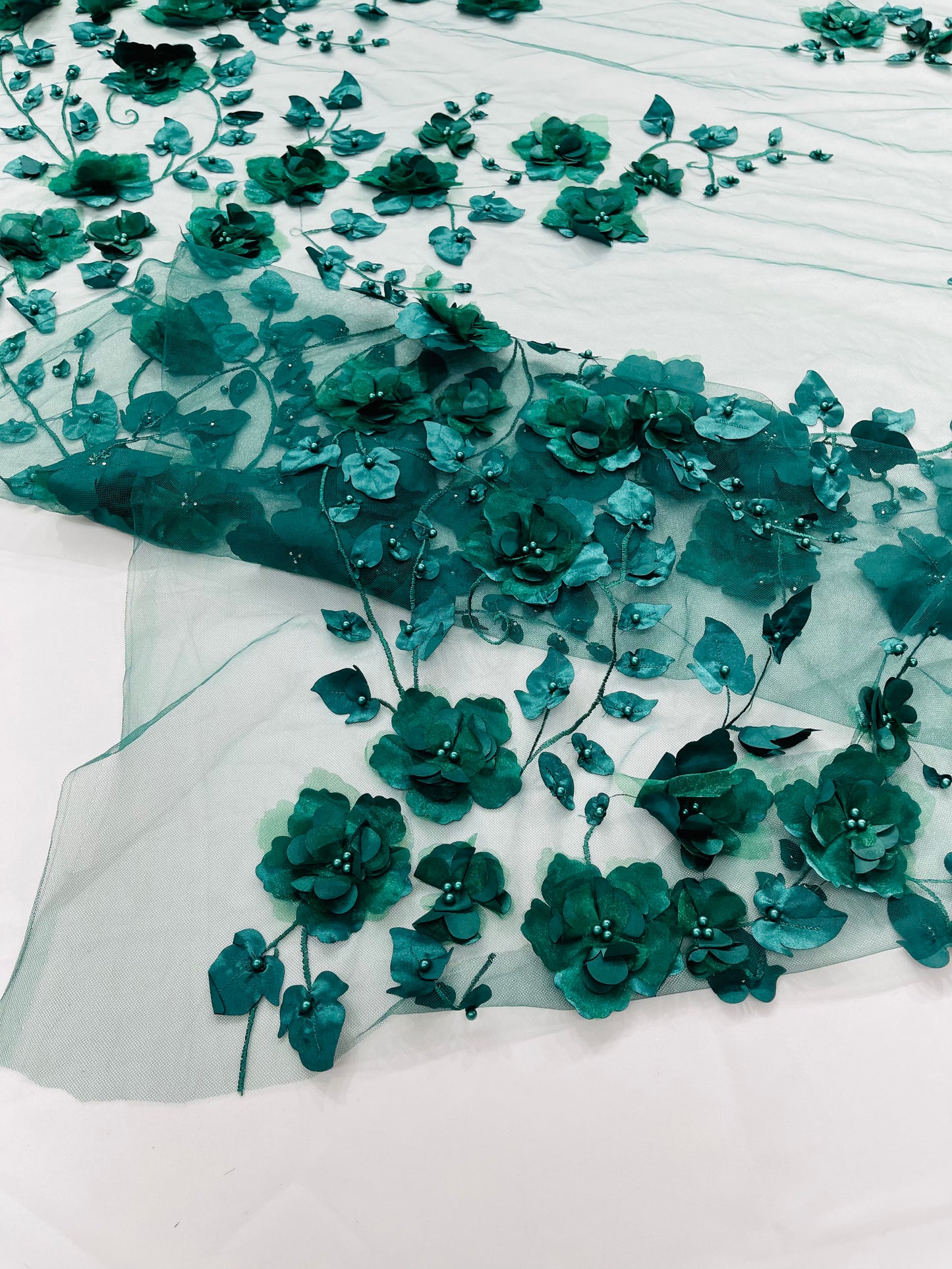 Orquidia 3d floral design embroider with pearls lace 54" Wide| New Creations Fabric & Foam Inc.