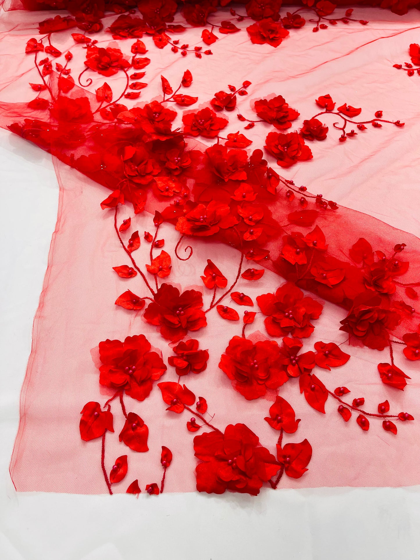 Orquidia 3d floral design embroider with pearls lace 54" Wide| New Creations Fabric & Foam Inc.