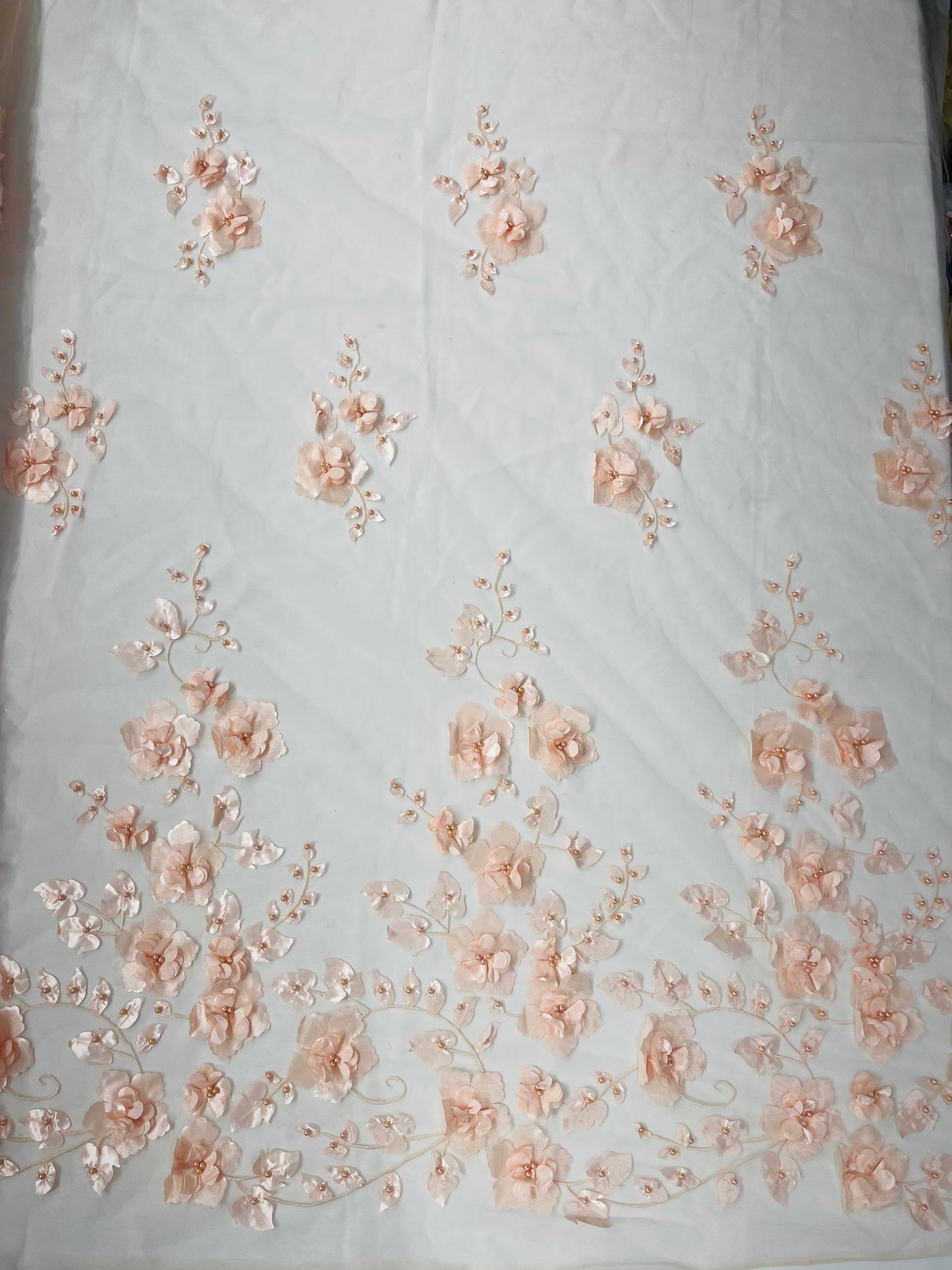 Orquidia 3d floral design embroider with pearls lace 54" Wide| New Creations Fabric & Foam Inc.