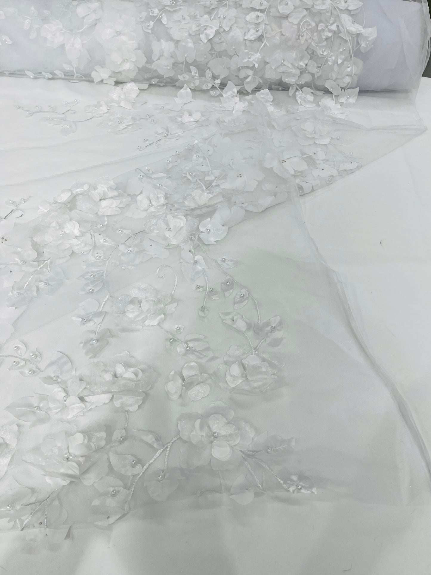 Orquidia 3d floral design embroider with pearls lace 54" Wide| New Creations Fabric & Foam Inc.