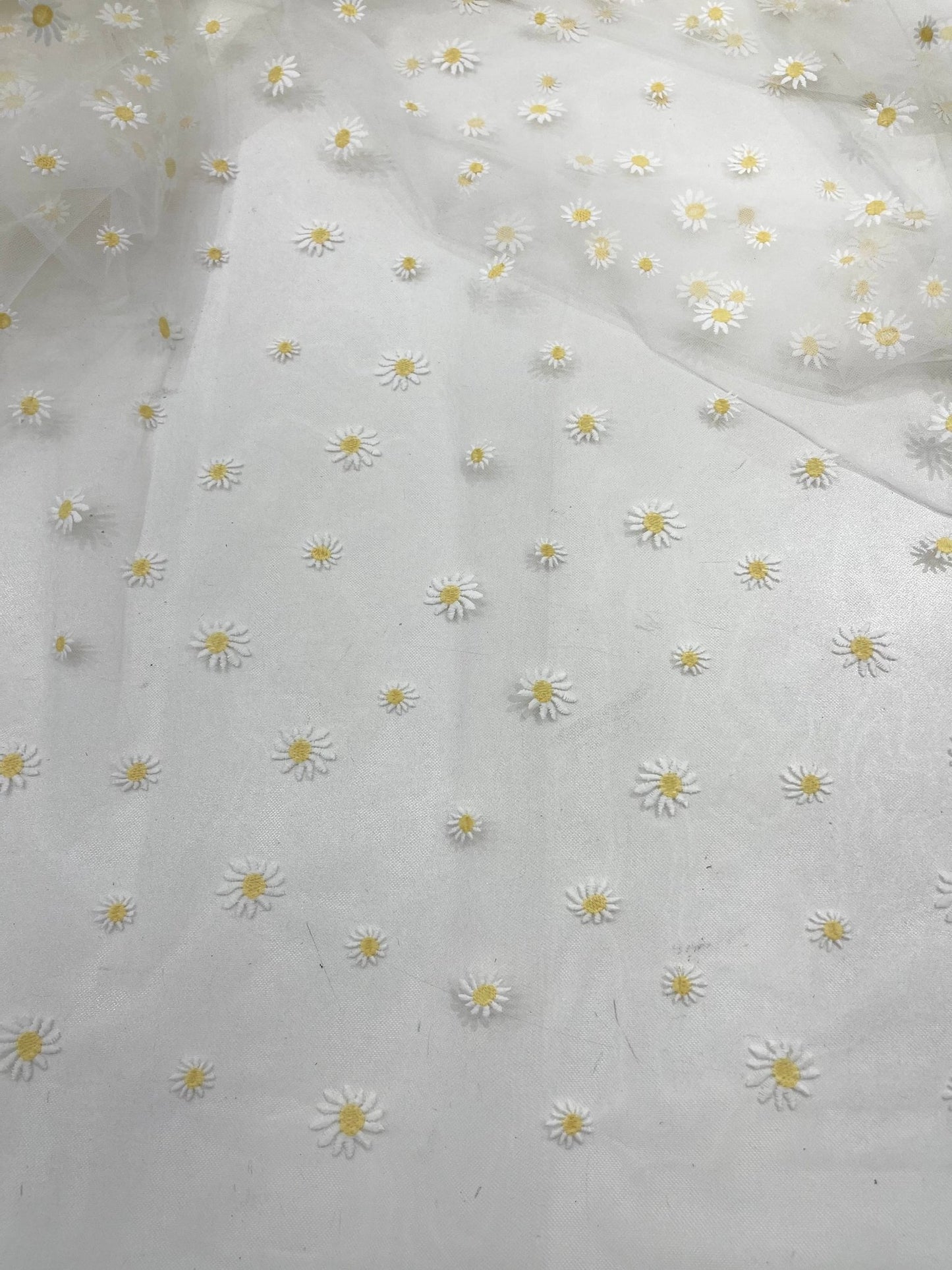 Ivory/Yellow Daisy flowers embroidered lace fabric| New Creations Fabric & Foam Inc. - New Creations Fabric & Foam Inc