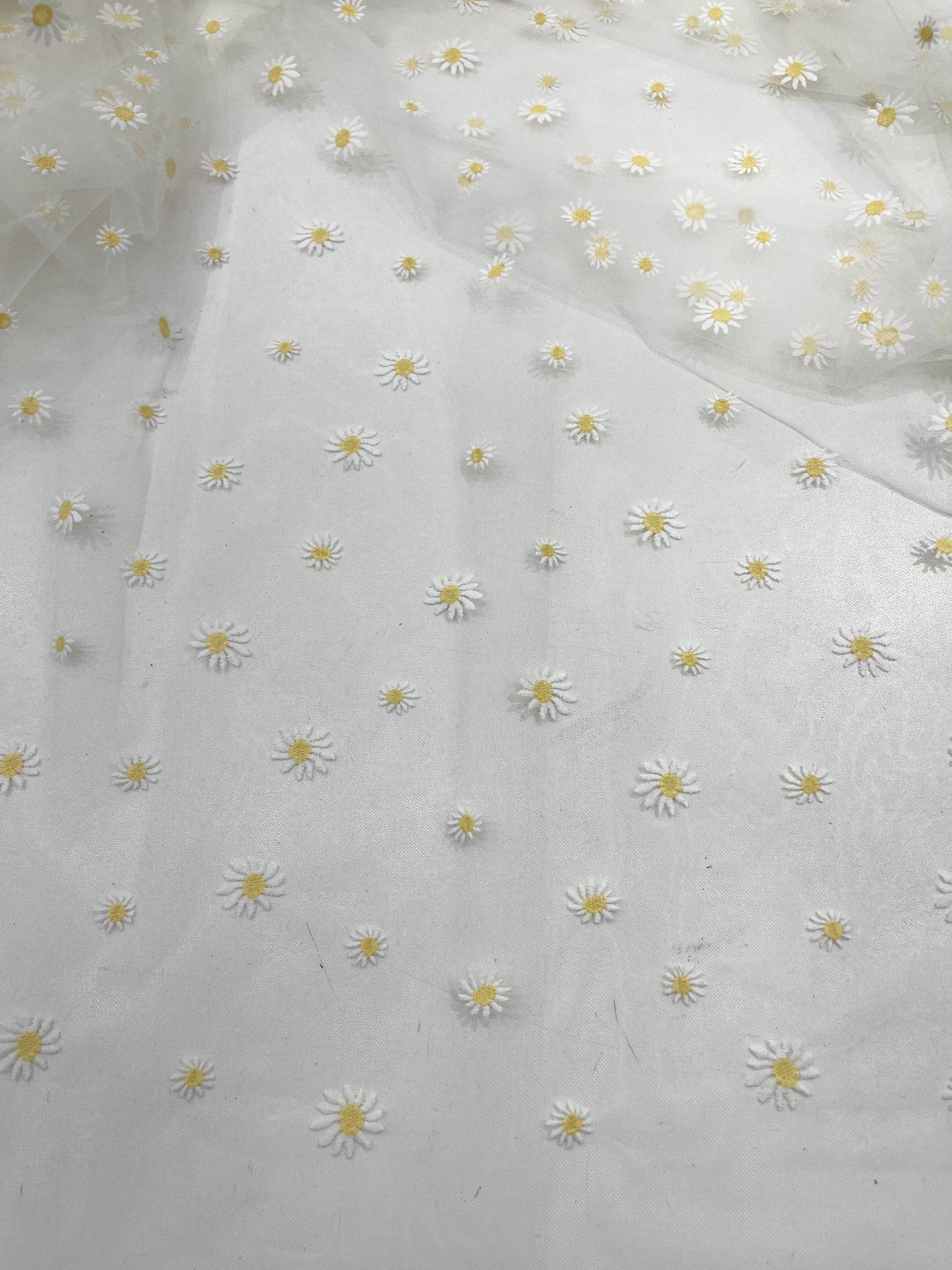 Ivory/Yellow Daisy flowers embroidered lace fabric| New Creations Fabric & Foam Inc. - New Creations Fabric & Foam Inc