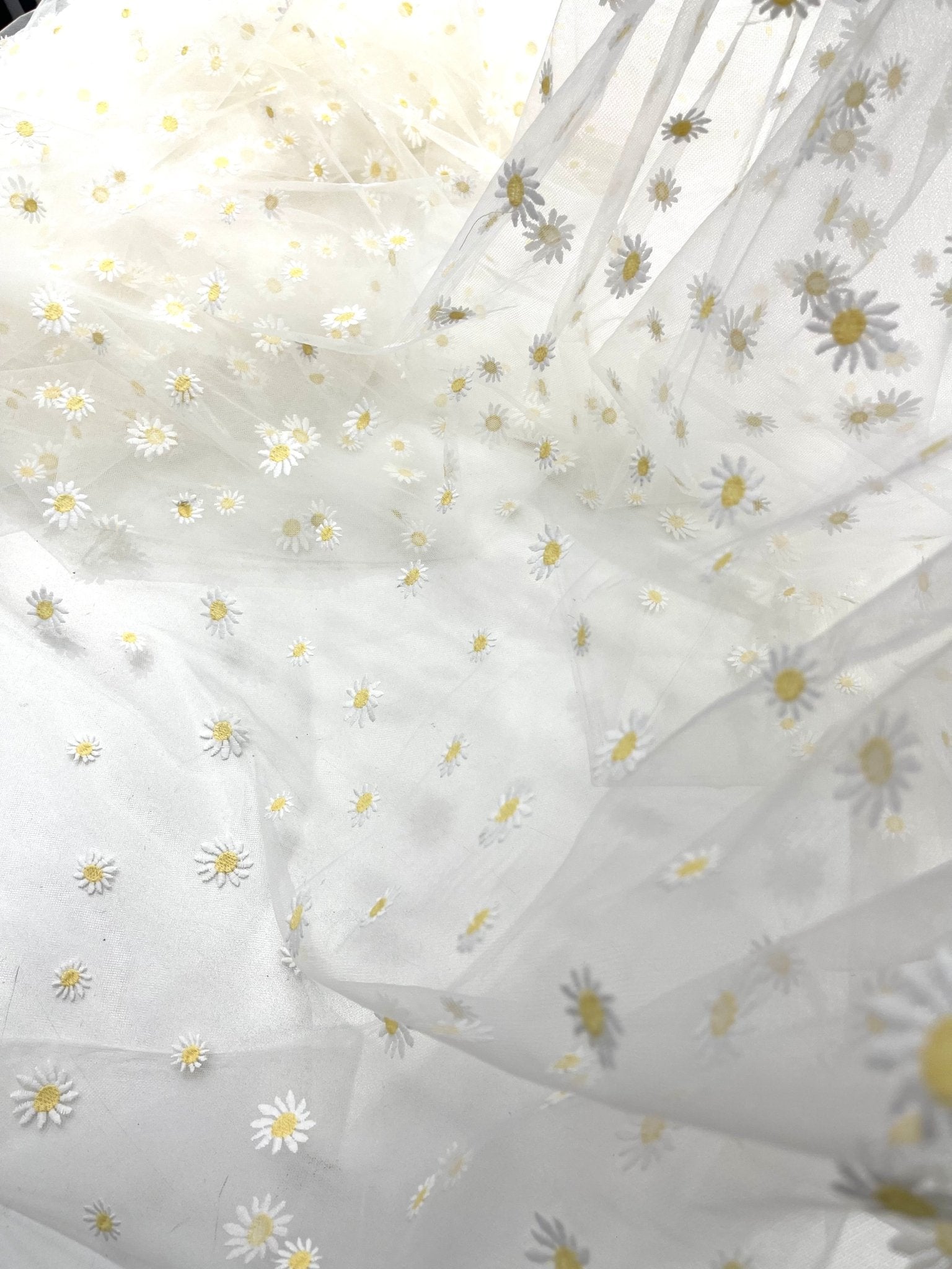 Ivory/Yellow Daisy flowers embroidered lace fabric| New Creations Fabric & Foam Inc. - New Creations Fabric & Foam Inc