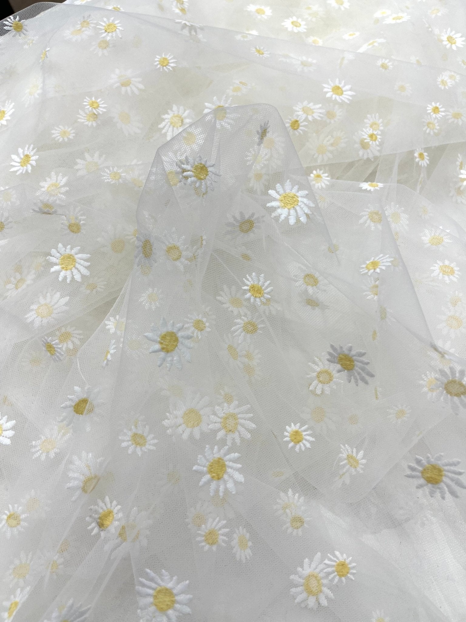 Ivory/Yellow Daisy flowers embroidered lace fabric| New Creations Fabric & Foam Inc. - New Creations Fabric & Foam Inc