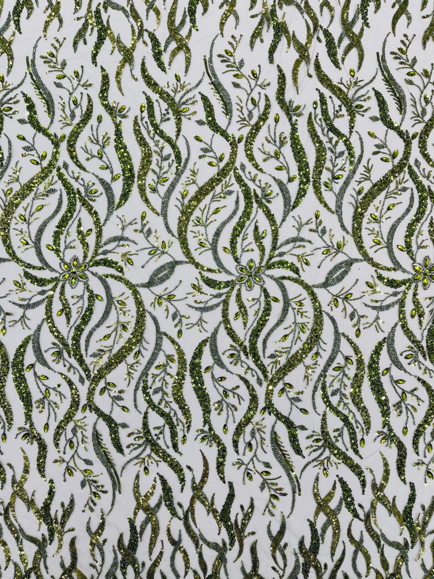 JEWEL VINE BEADED LACE ON MESH FABRIC (By The Yard) - New Creations Fabric & Foam Inc