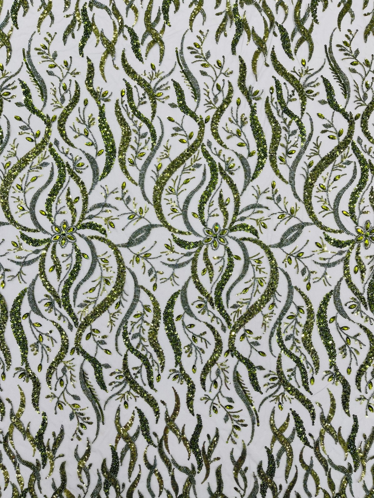 JEWEL VINE BEADED LACE ON MESH FABRIC (By The Yard) - New Creations Fabric & Foam Inc