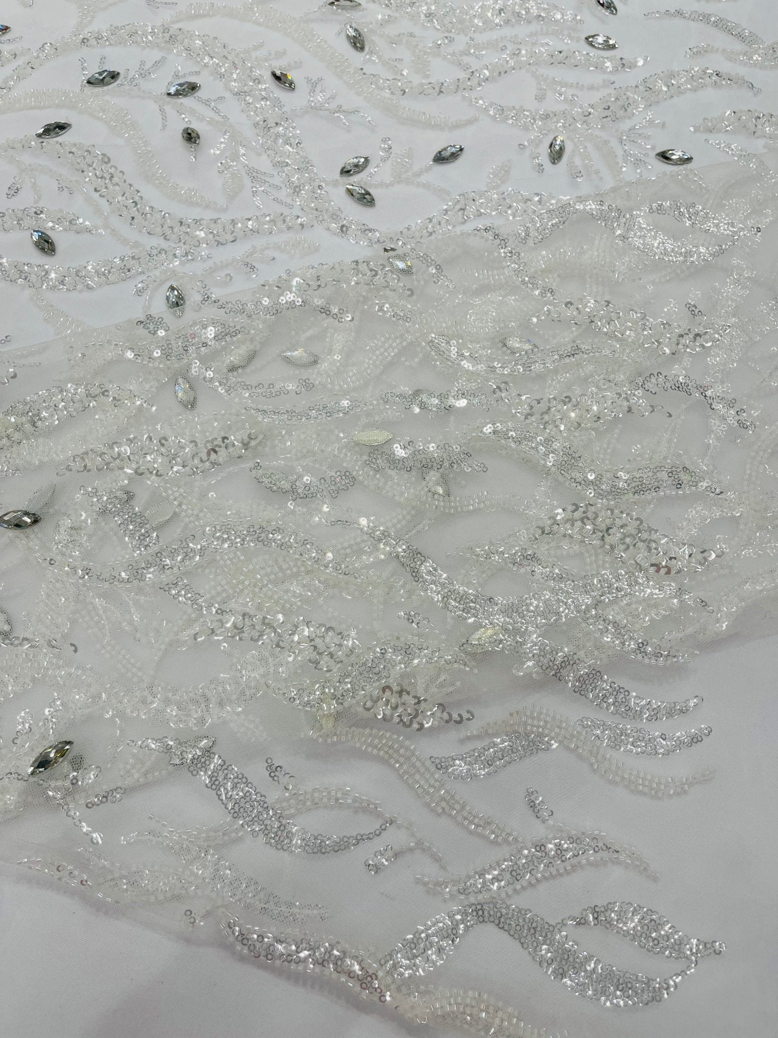 JEWEL VINE BEADED LACE ON MESH FABRIC (By The Yard) - New Creations Fabric & Foam Inc